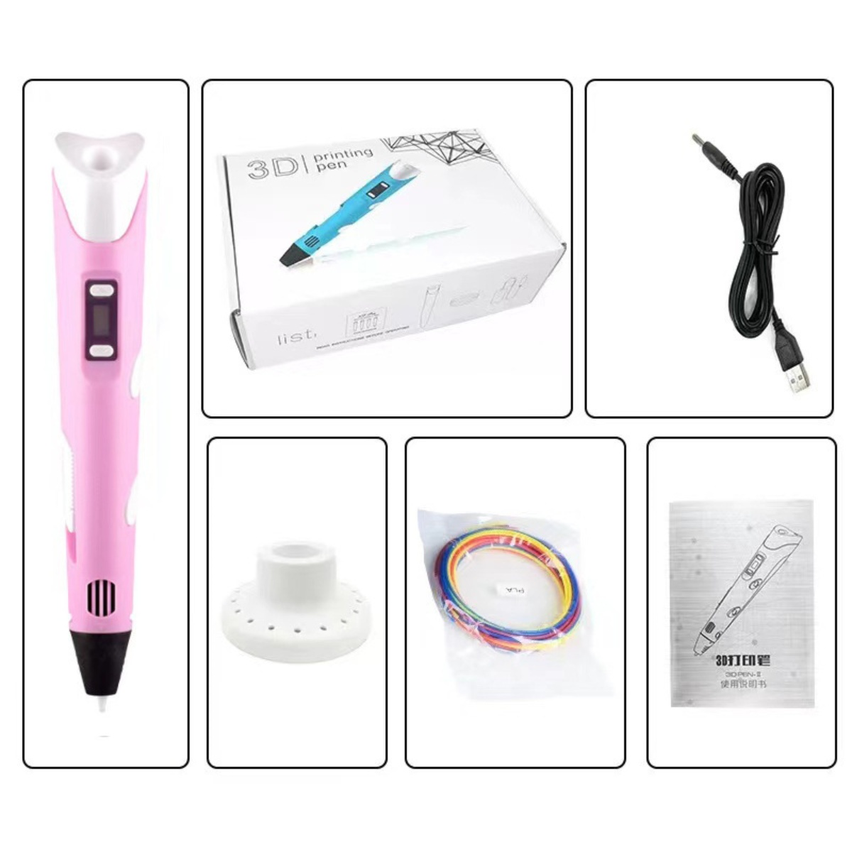 Das Bild zeigt ein 3D-Druckerstift-Kit, einschließlich des Stifts, einer Box, eines USB-Kabels, eines Ständers, farbigen Filamenten und einer Anleitung.