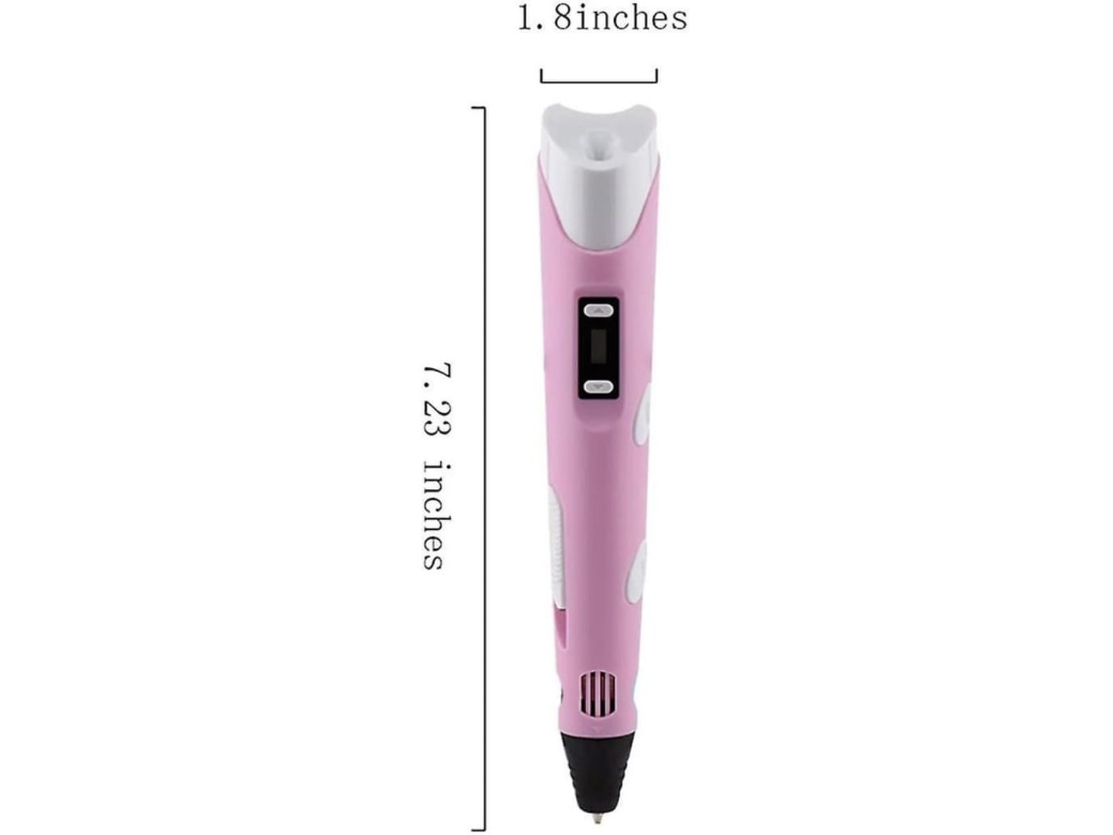 Ein rosa 3D-Stift mit weißen Akzenten und einer schwarzen Spitze, Abmessungen beschriftet. Der Stift ist 7,23 Zoll lang und 1,8 Zoll breit.