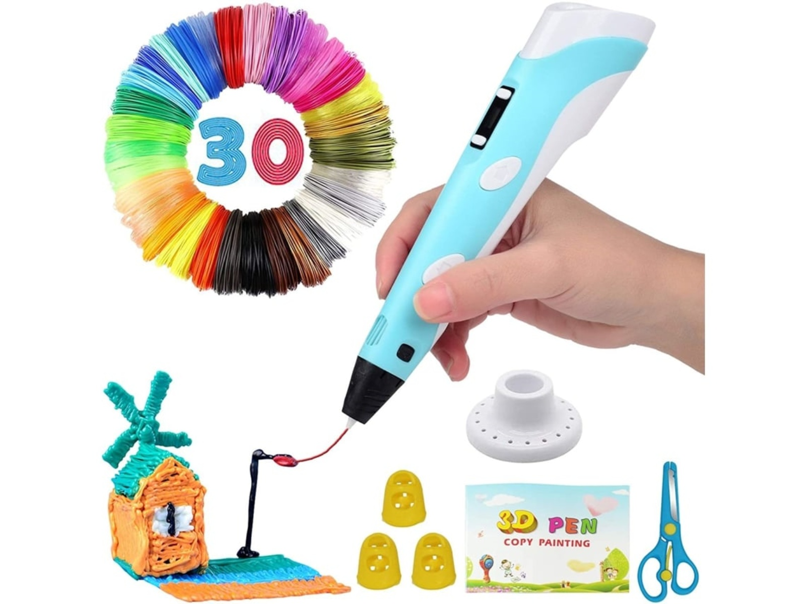 Ein 3D-Stift-Kit mit bunten Filamenten, einem blauen Stift, Modell, Fingerschutz, einem Ständer, einer Schere und einem Büchlein.