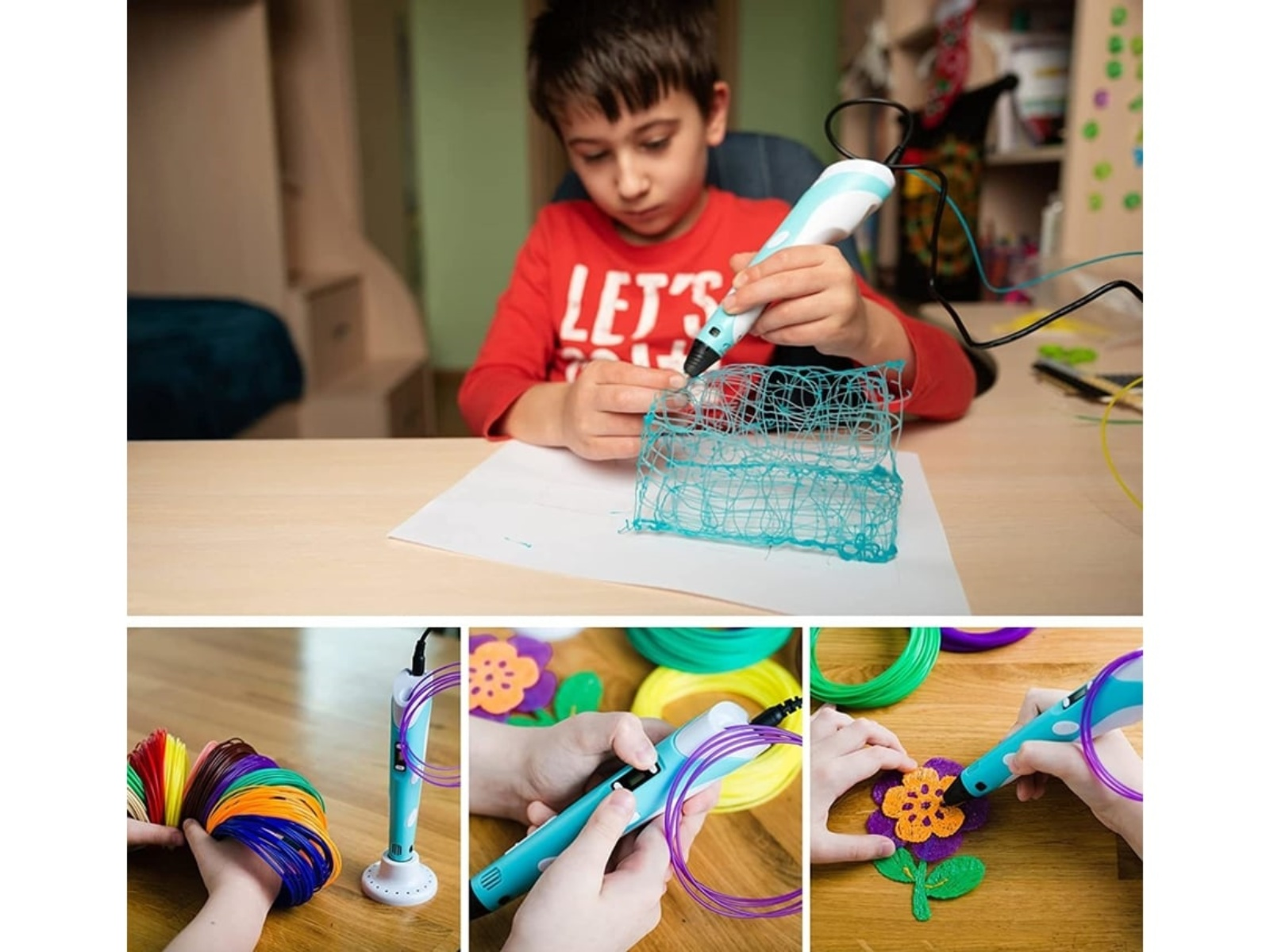 Ein Junge benutzt einen 3D-Stift, um eine blaue Struktur auf Papier zu erstellen. Bunte Filamente und Bastelaktivitäten werden ebenfalls gezeigt.