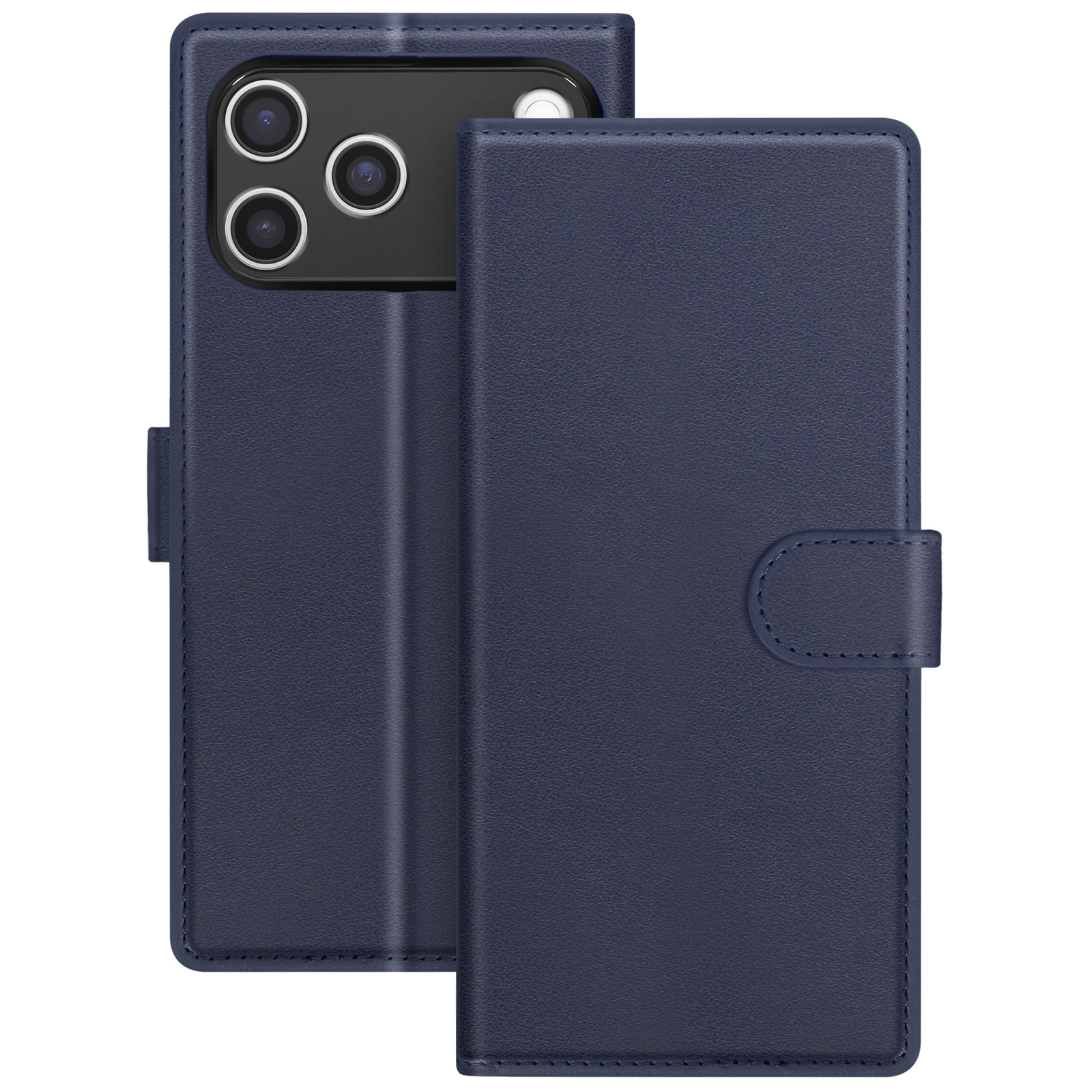 Een donkerblauwe telefoonhoes, opengeklapt om een cameramodule van een telefoon te onthullen. De hoes heeft een magnetische sluiting.