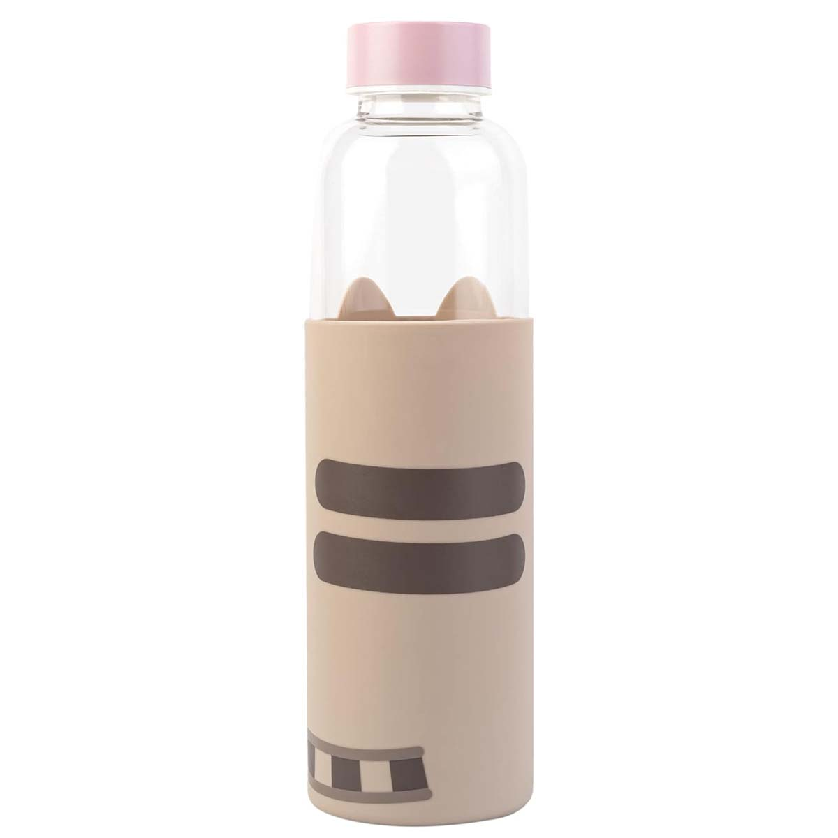Una bottiglia d'acqua di vetro trasparente con tappo rosa. La metà inferiore è beige con strisce marroni, simile a un gatto.