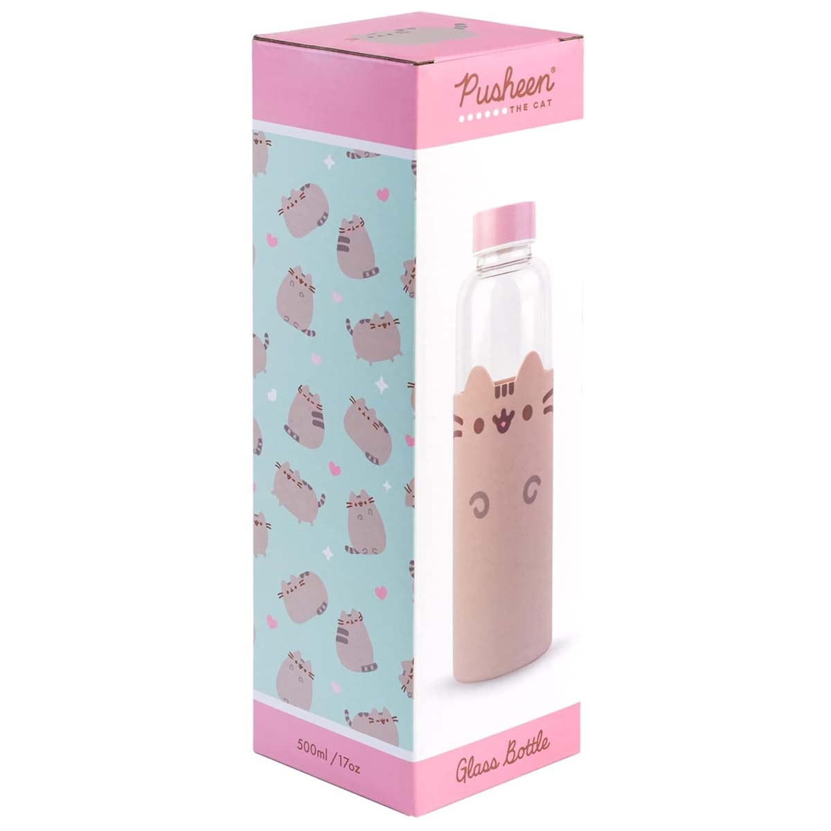 Una bottiglia di vetro Pusheen in una scatola rosa. La scatola presenta illustrazioni del gatto Pusheen. La bottiglia ha un coperchio rosa e una custodia a forma di gatto.