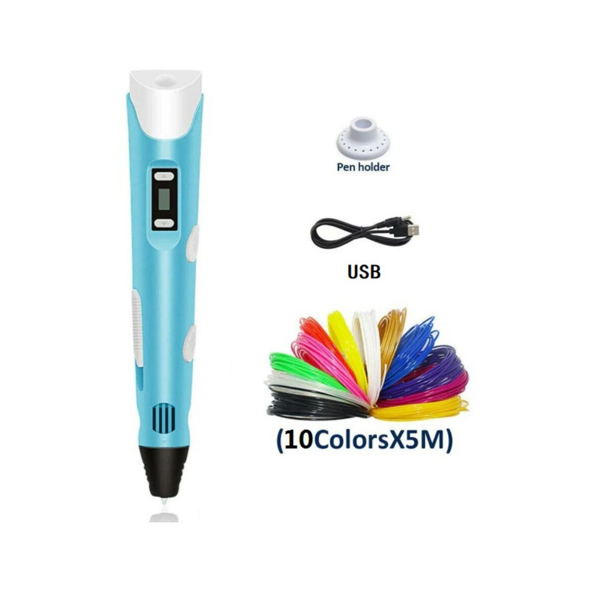 Ein 3D-Stift, ein USB-Kabel, ein Stifthalter und Filamente in verschiedenen Farben sind auf weißem Hintergrund angeordnet. Text beschriftet sie.