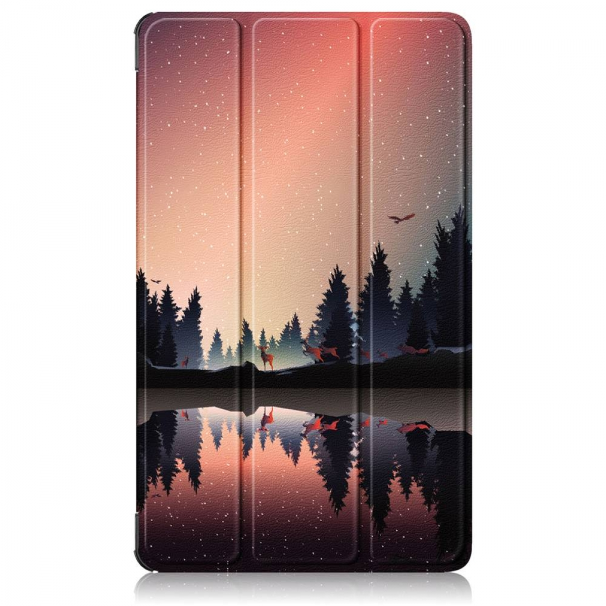 Tablet-Hülle mit Waldszene: Bäume, Hirsche, Wasserspiegelung und Sternenhimmel mit Sonnenuntergangsverlauf.