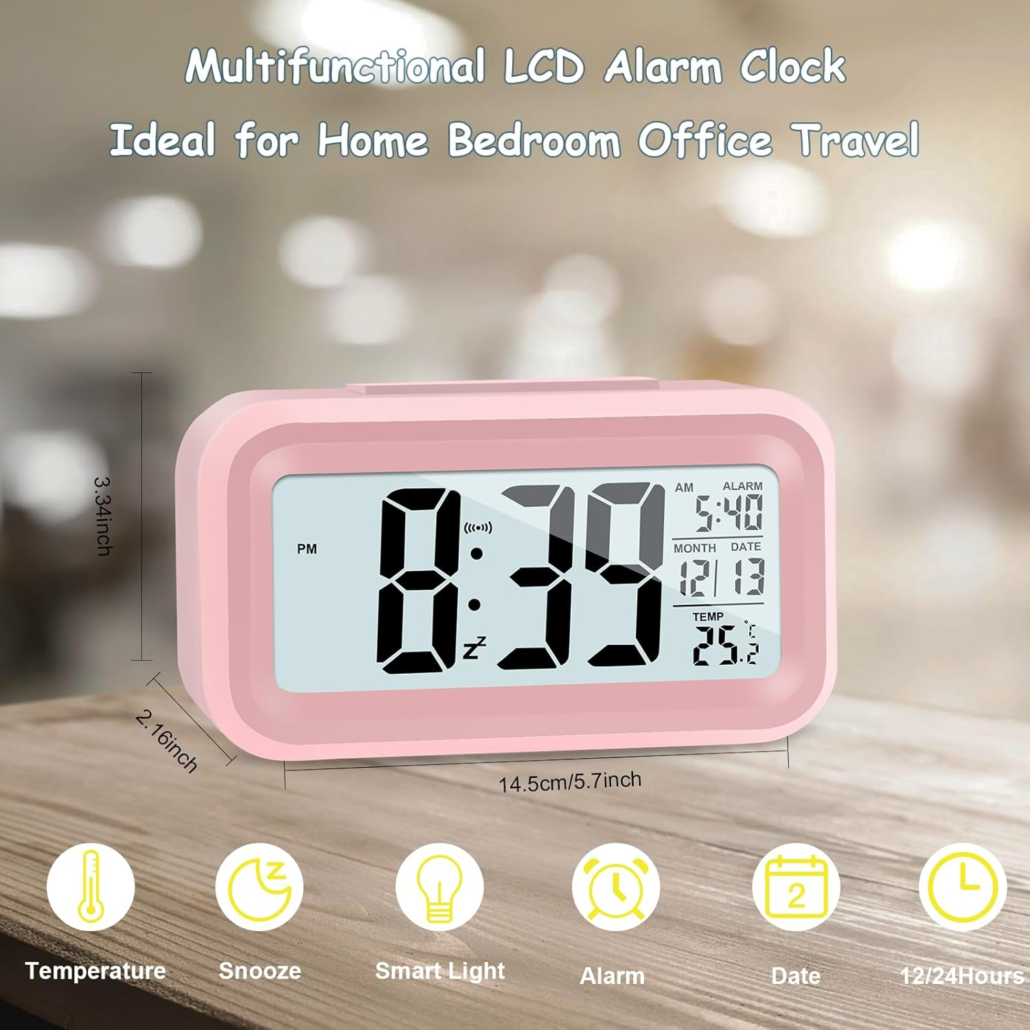 Una sveglia LCD rosa visualizza le 8:39, le 5:40 AM e i 25,2 gradi Celsius. Funzioni: temperatura, snooze, luce, allarme, data e 12/24 ore.