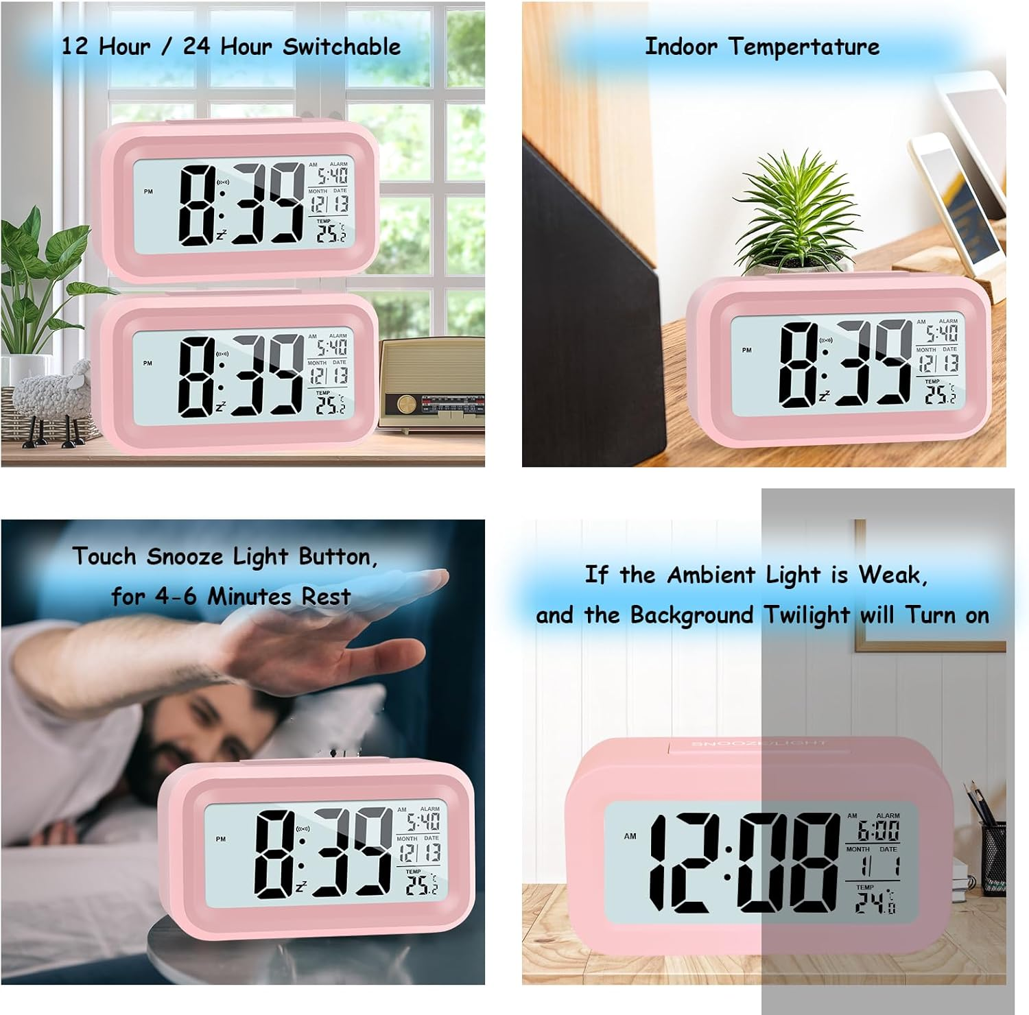 Le sveglie digitali rosa mostrano ora, data e temperatura. L'immagine mostra diverse funzionalità e condizioni di luce ambientale.
