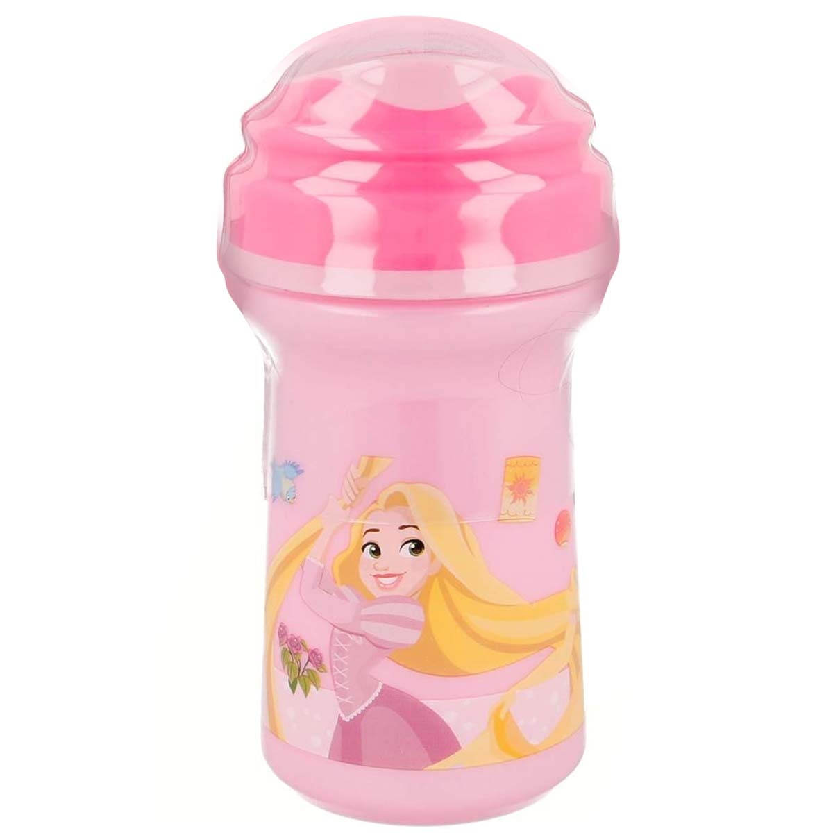 Borraccia rosa con coperchio rosa. Presenta Rapunzel di Tangled. Lo sfondo è bianco.