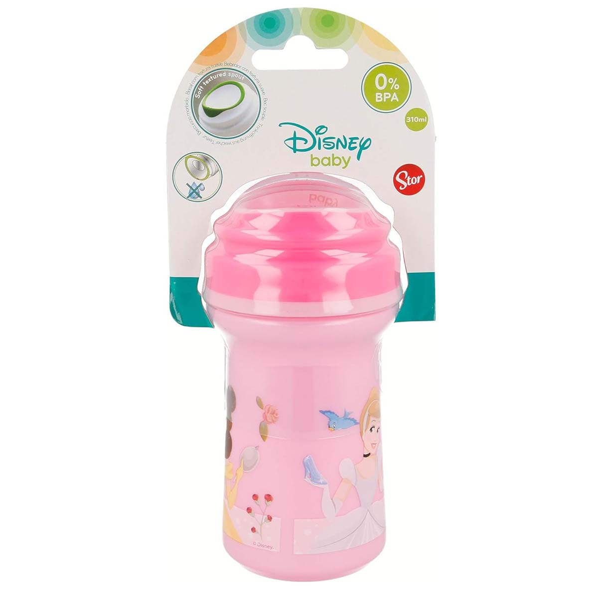 Una bottiglia d'acqua rosa Disney baby con beccuccio dalla texture morbida. Presenta principesse Disney ed etichetta senza BPA.