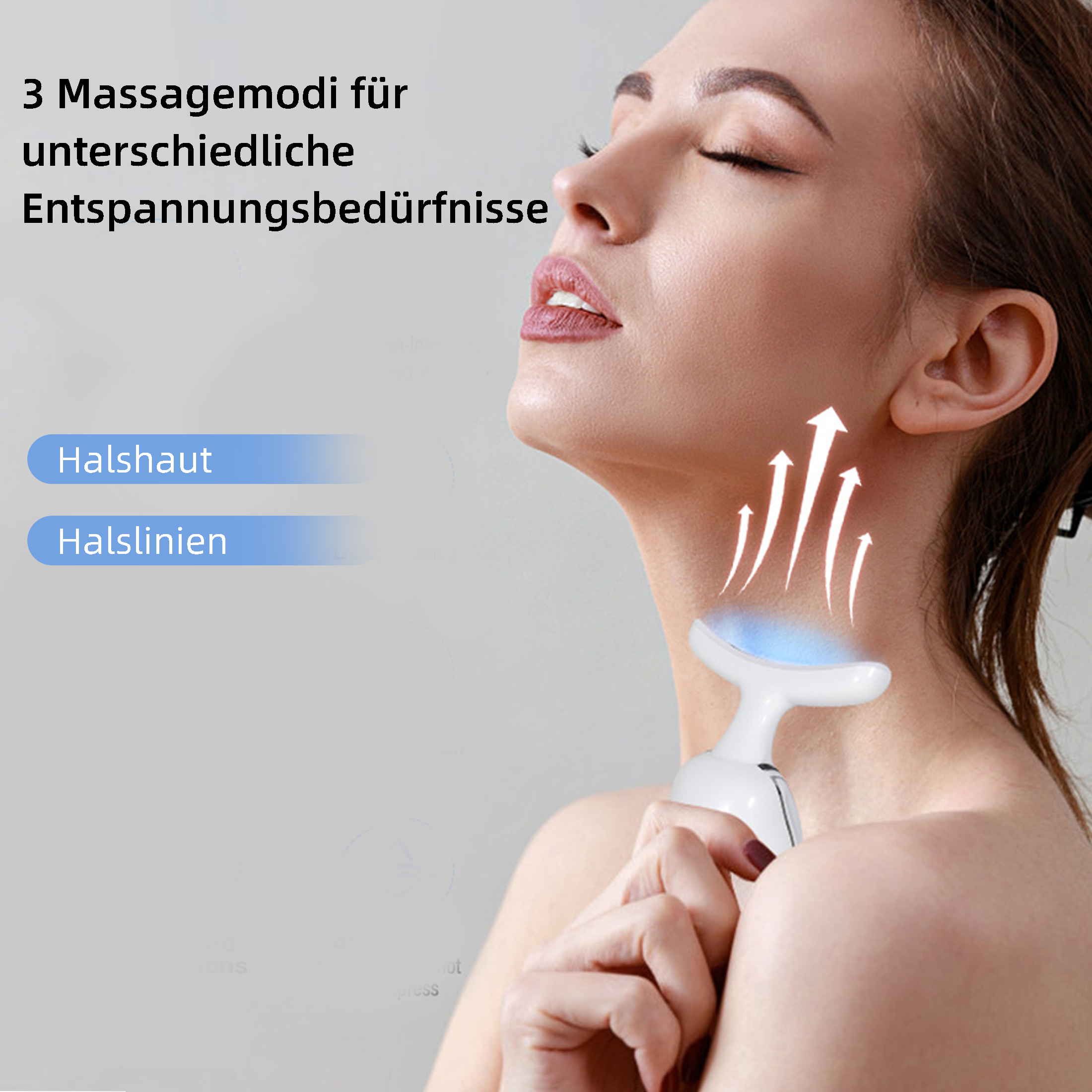 Eine Frau benutzt ein weißes Nackenmassagegerät. Pfeile zeigen die Massage an. Text: 3 Massagemodi für verschiedene Bedürfnisse.