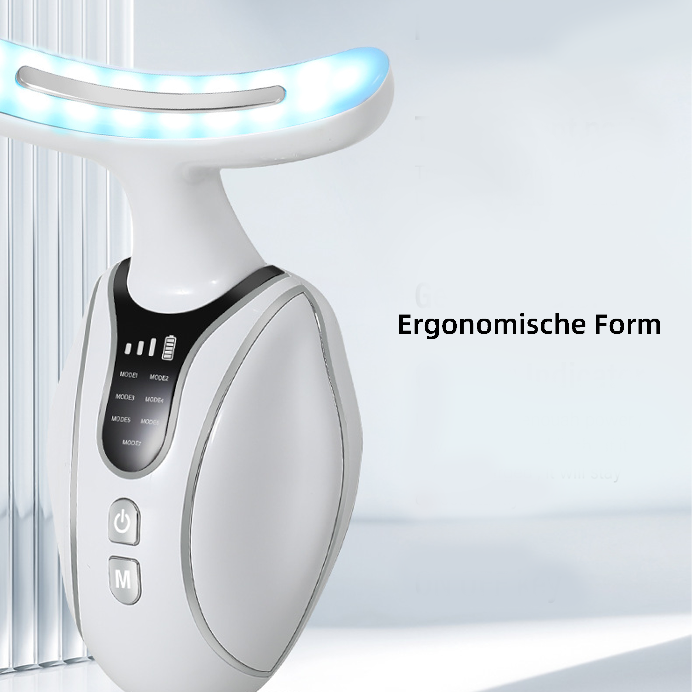 Weißes Nackenmassagegerät mit blauen Lichtern, Ein-/Aus- und Modustasten sowie Batteriestandsanzeige. Text: 'Ergonomische Form'.