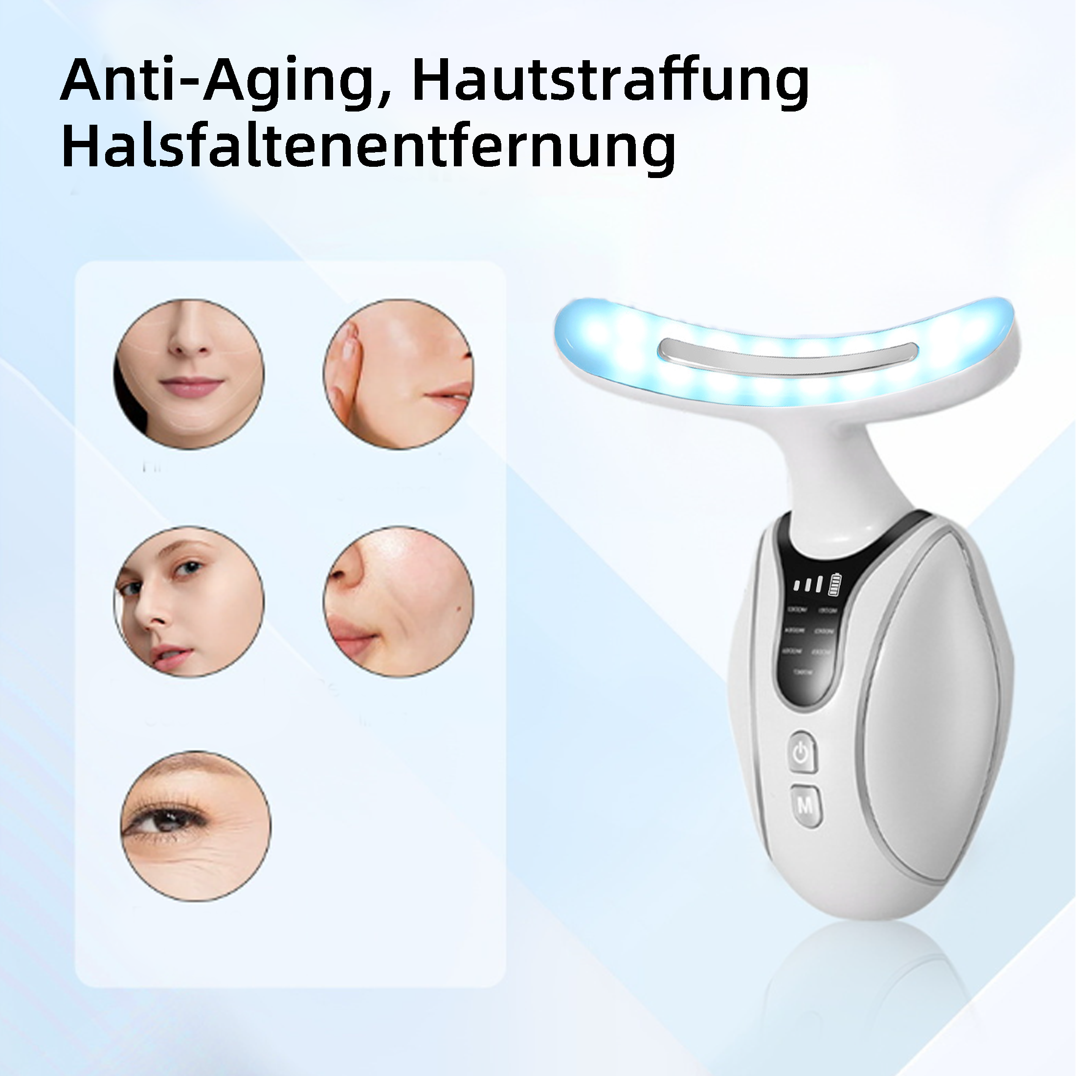 Das Bild zeigt ein Anti-Aging-Nackengerät. Es hat einen weißen Körper, blaues Licht und Kreise mit Gesichtern.