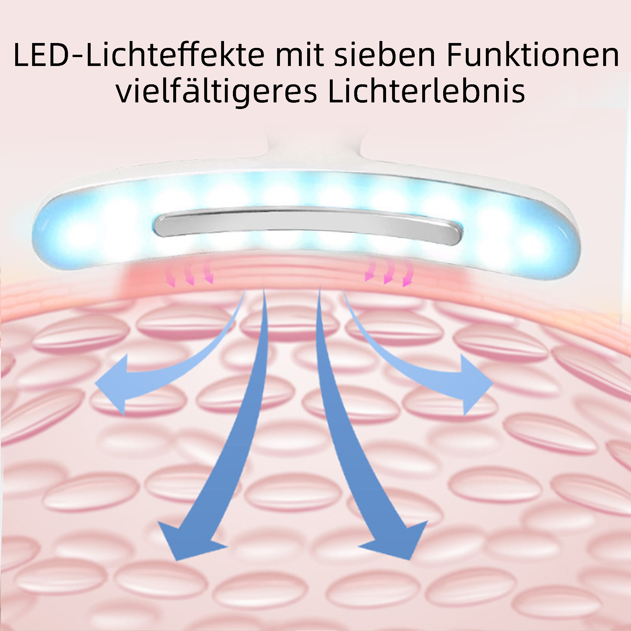 Eine Illustration zeigt ein LED-Licht, das Licht auf die Haut ausstrahlt, mit Pfeilen. Die Haut ist rosa mit Wassertropfen.