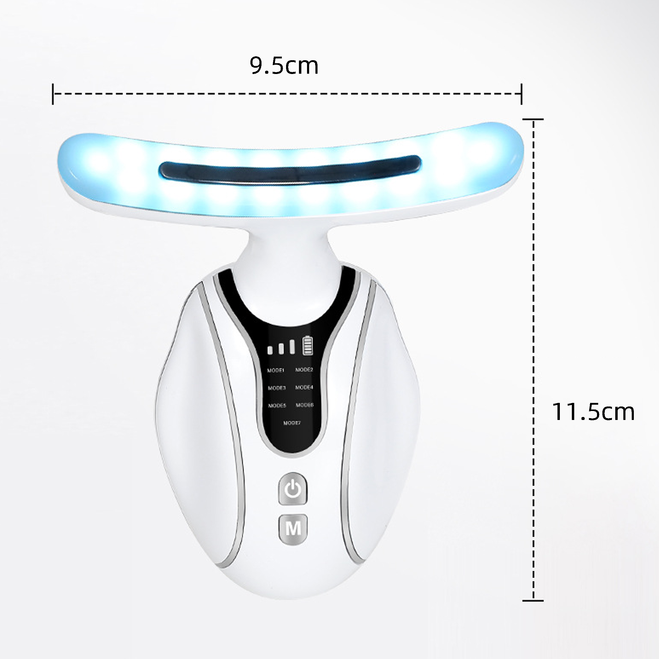 Weißes Nackenmassagegerät. Es hat einen gebogenen Lichtbalken und ein Bedienfeld mit Tasten und Anzeigen. Abmessungen sind angegeben.