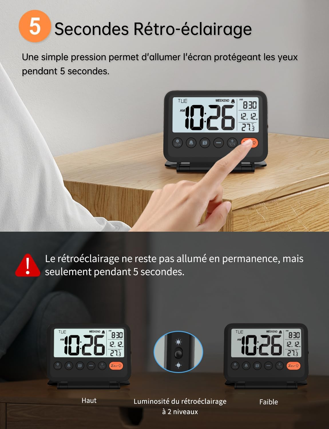 Una mano preme un pulsante su un orologio digitale nero. L'orologio mostra l'ora e la data. Il testo spiega la retroilluminazione di 5 secondi.