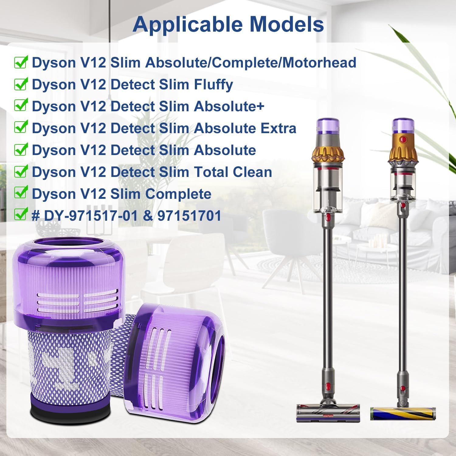 Das Bild zeigt Dyson-Staubsaugerteile, Filter und zwei Staubsauger. Text listet kompatible Modelle auf.
