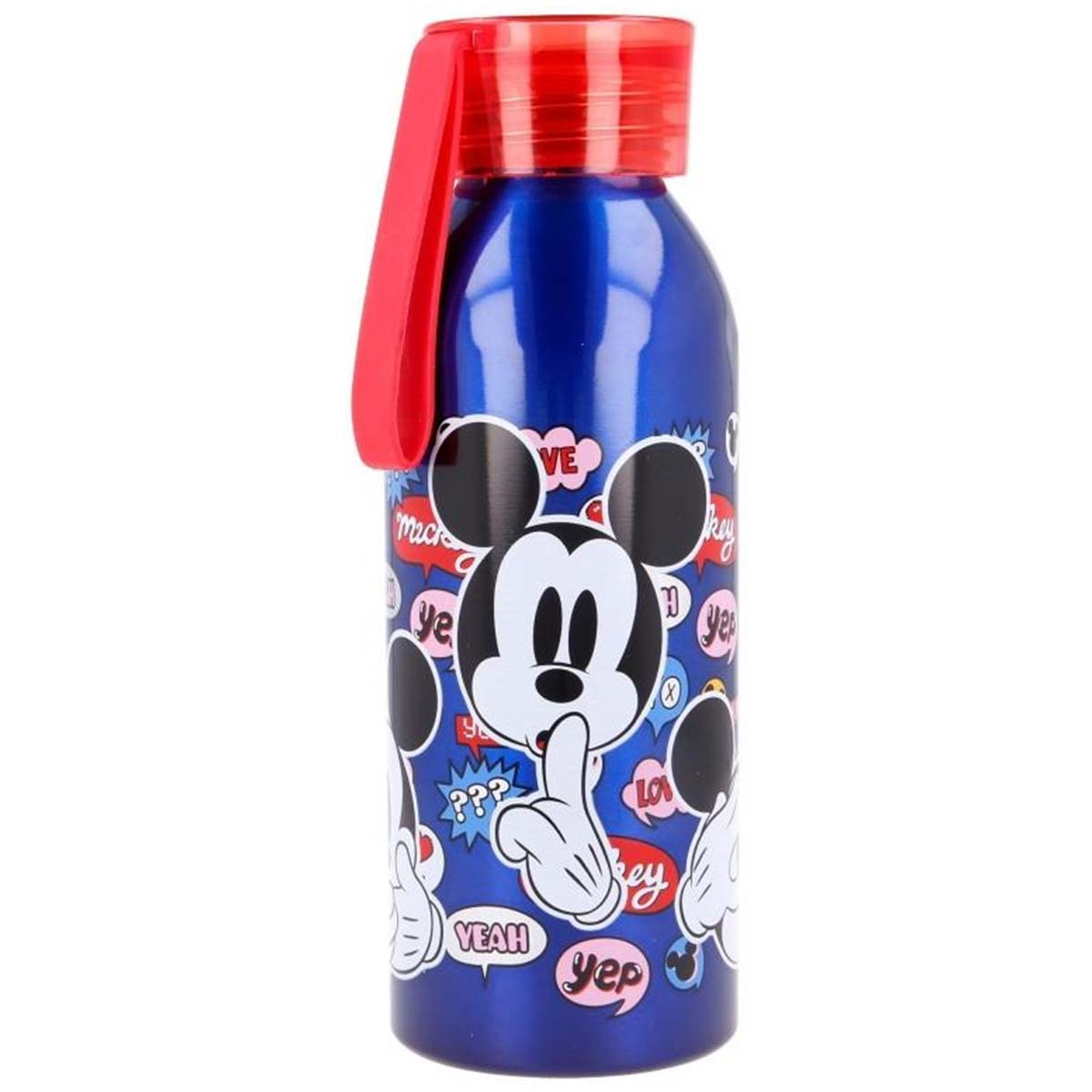 Borraccia blu con Topolino. La bottiglia ha un coperchio e un cinturino rossi. Le immagini di Topolino e le nuvolette decorano la bottiglia.