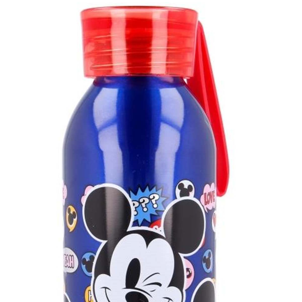 Una borraccia blu con coperchio e manico rossi. Ha un design di Mickey Mouse con fumetti e la parola 'LOVE'.