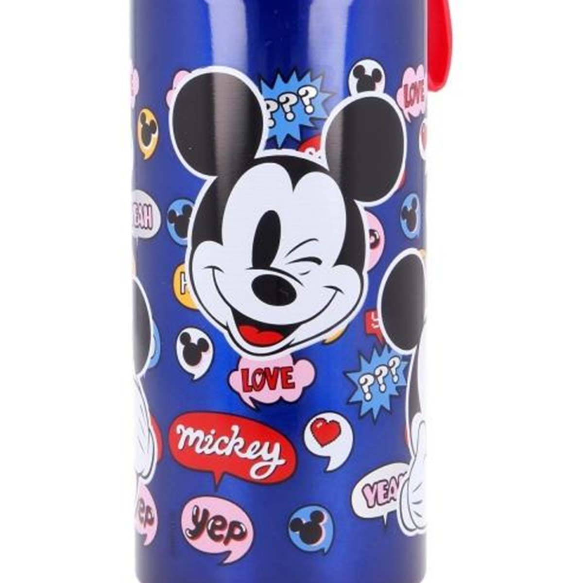 Una borraccia blu con il design di Mickey Mouse. Ha la faccia di Mickey e fumetti con parole come 'Amore' e 'Mickey'.