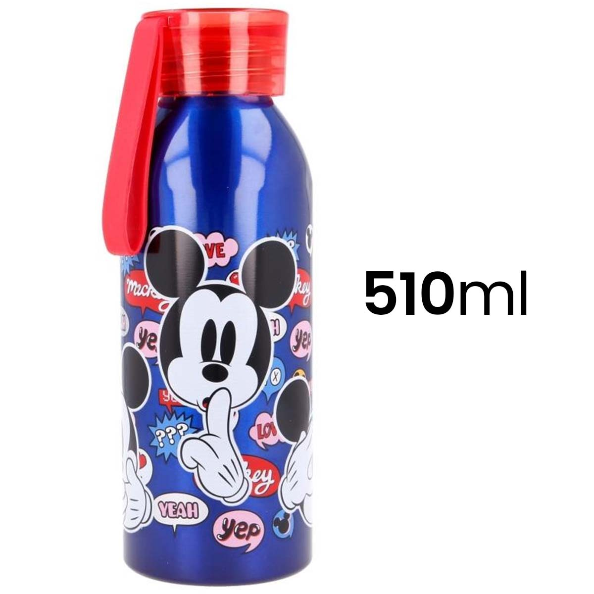 Una bottiglia d'acqua blu con tappo rosso con Topolino. Ha una capacità di 510 ml ed è decorata con fumetti.