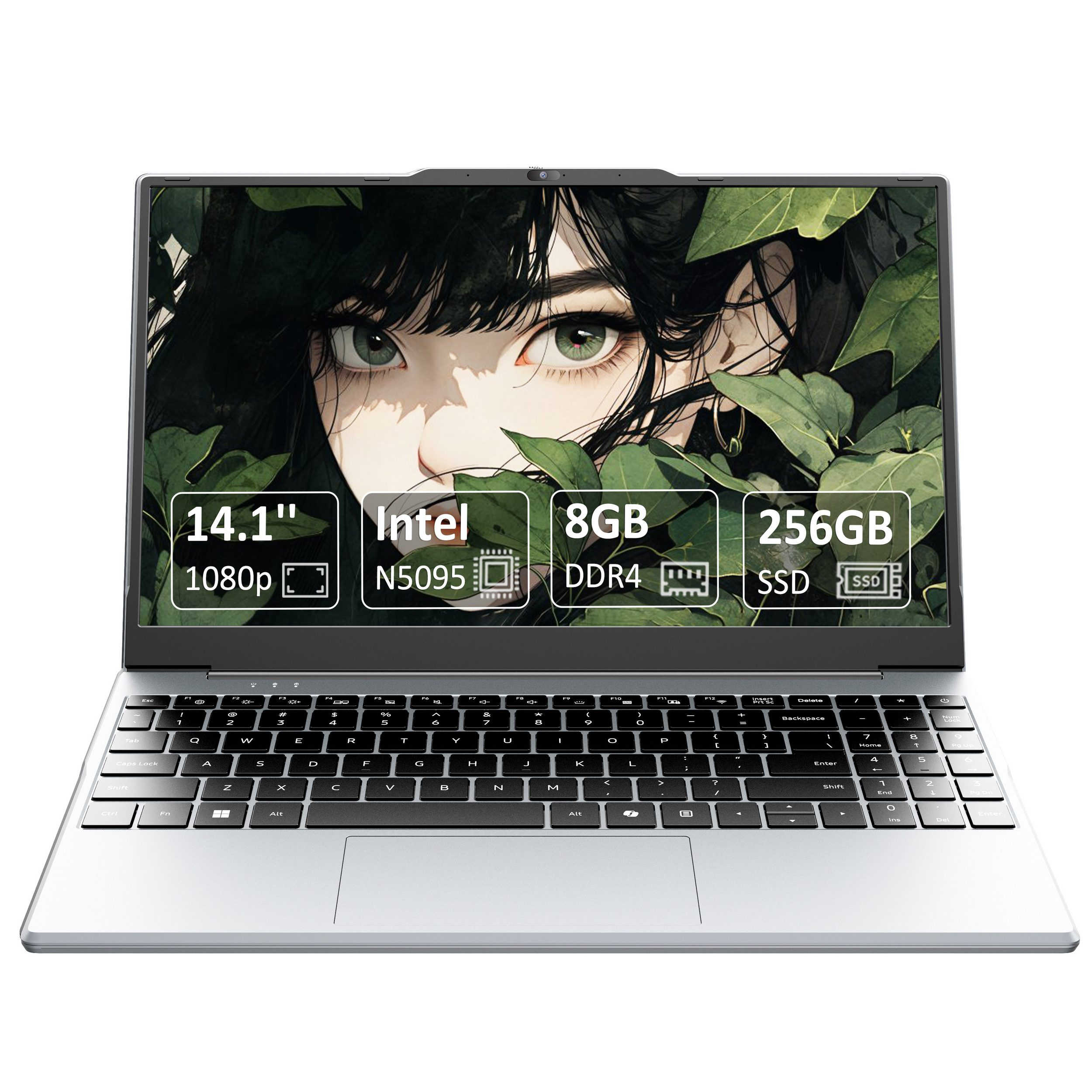 Laptop mit Bildschirm, der eine Frau in Blättern zeigt. Specs: 14,1", Intel N5095, 8GB DDR4, 256GB SSD.