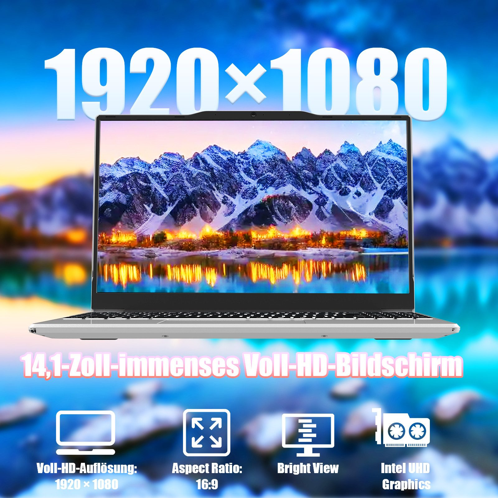 Laptop zeigt eine Berglandschaft. Merkmale: 1920x1080 Auflösung, 14,1-Zoll-Bildschirm und Intel UHD Grafik.