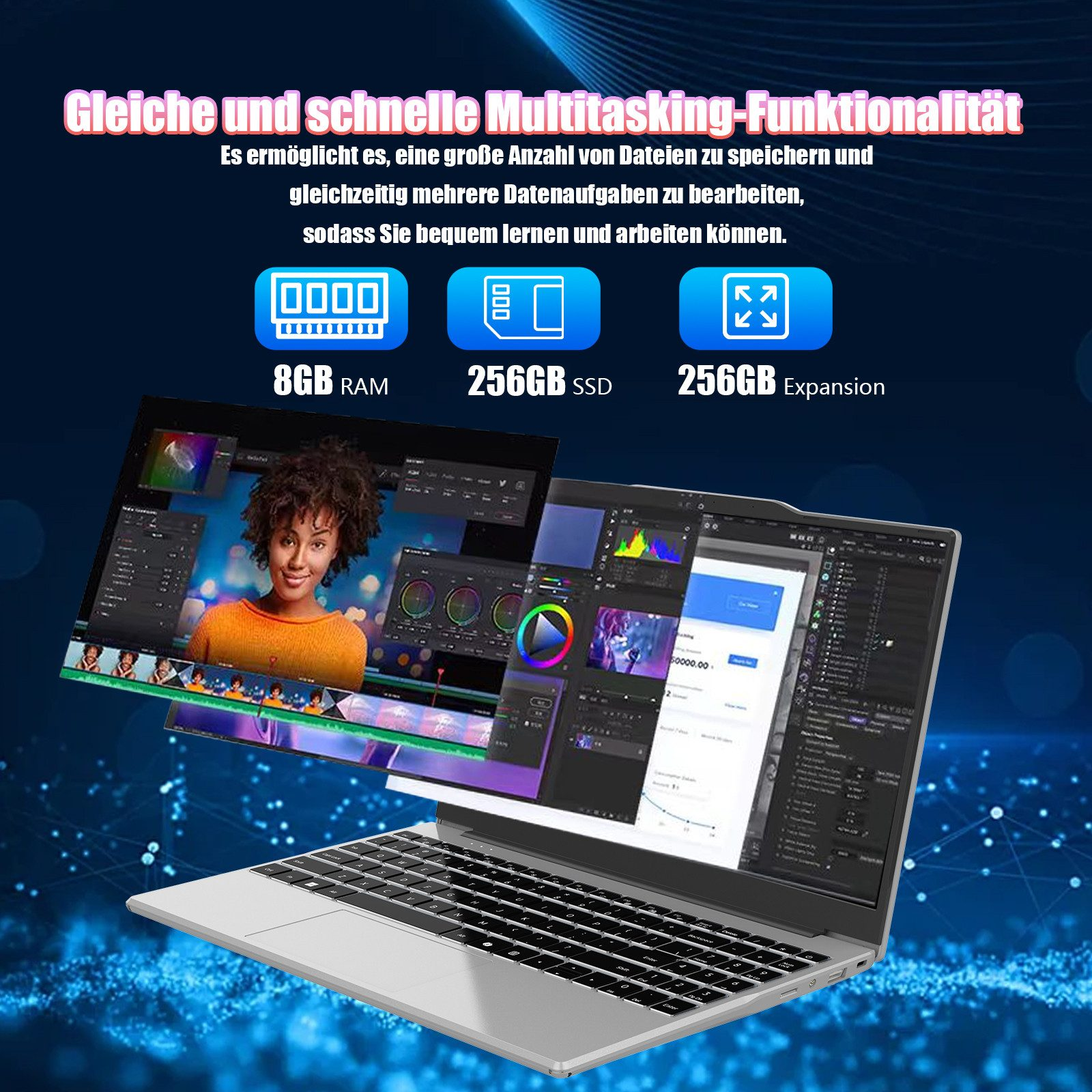 Laptop mit mehreren Bildschirmen, die Videobearbeitungssoftware und Daten zeigen, mit Text über Spezifikationen.