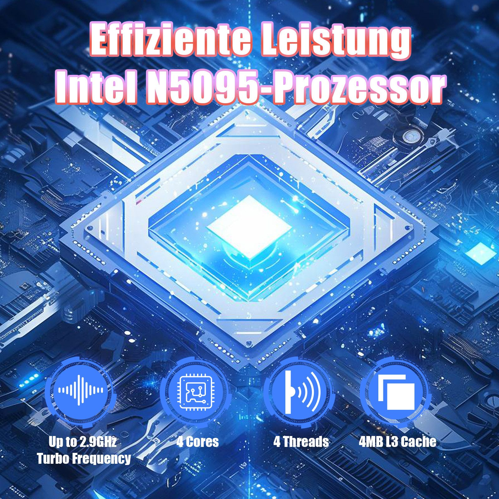 Bild eines Intel N5095-Prozessors mit Merkmalen: Turbofrequenz, Kerne, Threads und L3-Cache, mit blauem Hintergrund.