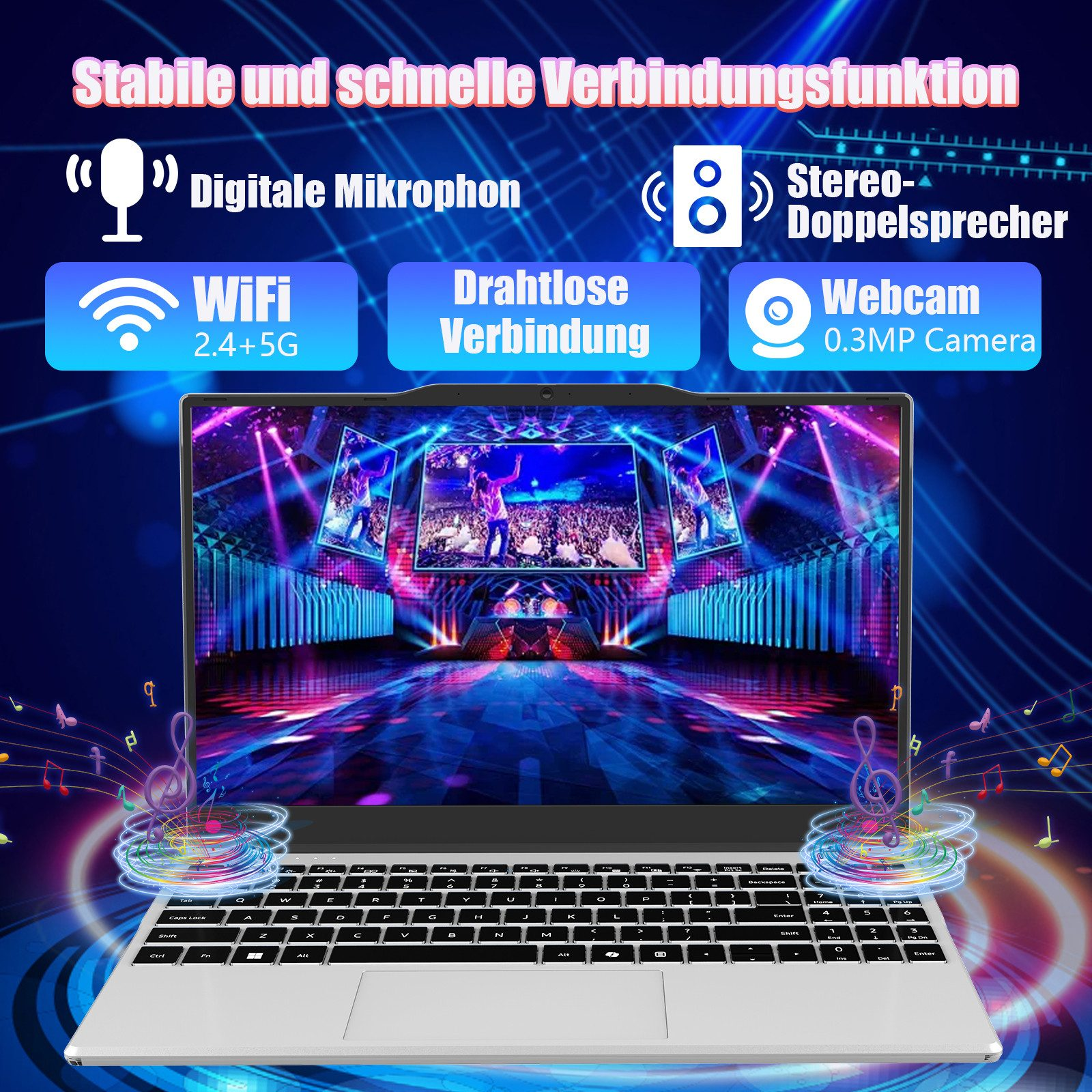 Laptop mit Konzert, Icons für Mikrofon, WLAN, Webcam und Lautsprecher. Tastatur sichtbar.