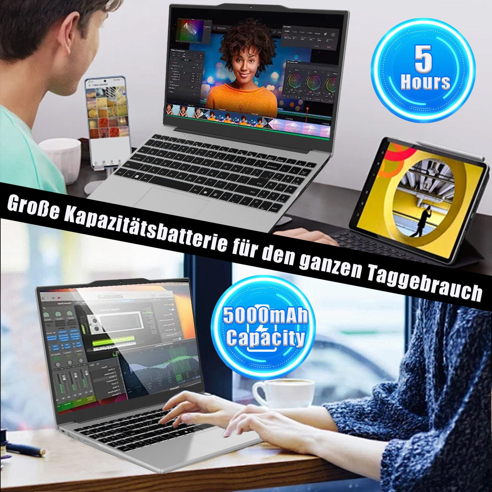 Zwei Laptops und ein Tablet stehen auf einem Schreibtisch. Einer hat das Gesicht einer Frau auf dem Bildschirm. Ein Telefon und eine Tasse sind ebenfalls vorhanden.