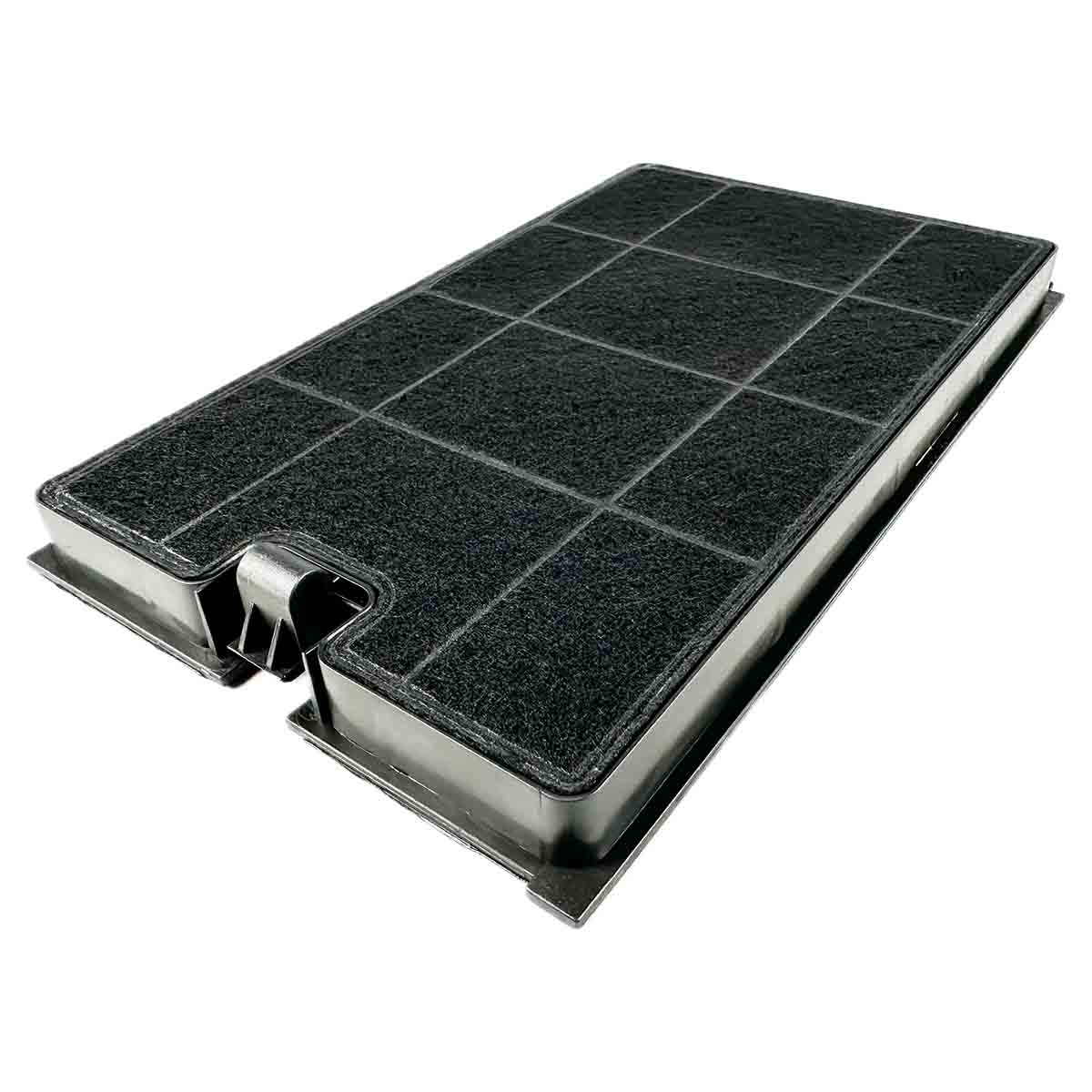 Ein rechteckiger Luftfilter mit einem dunkelgrauen, gitterartigen Filtermaterial. Es hat einen Metallrahmen und einen Griff.