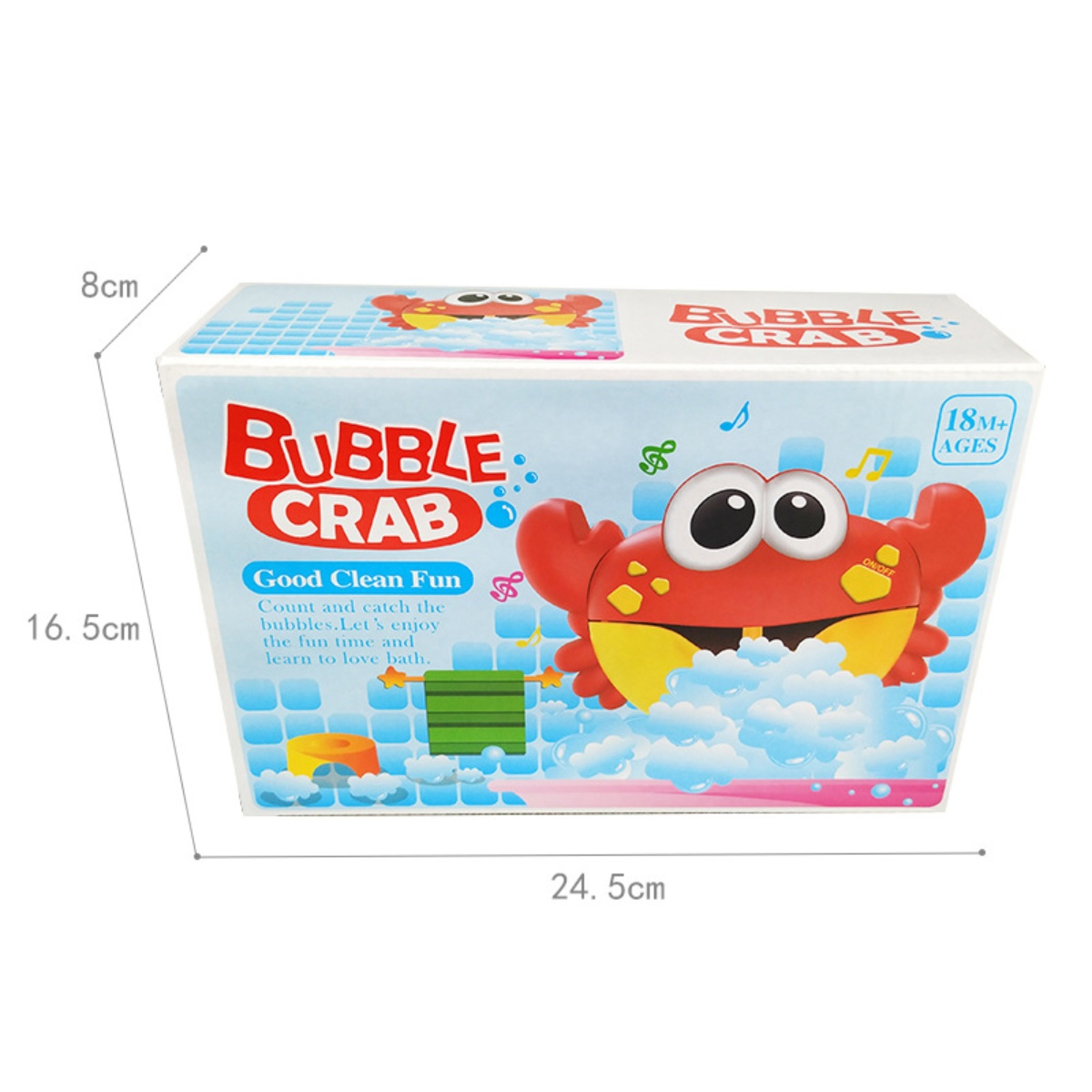 Eine Schachtel mit einem roten Krabbenspielzeug mit der Aufschrift 'Bubble Crab'. Es hat markierte Abmessungen. Das Spielzeug ist für Kinder ab 18 Monaten geeignet.
