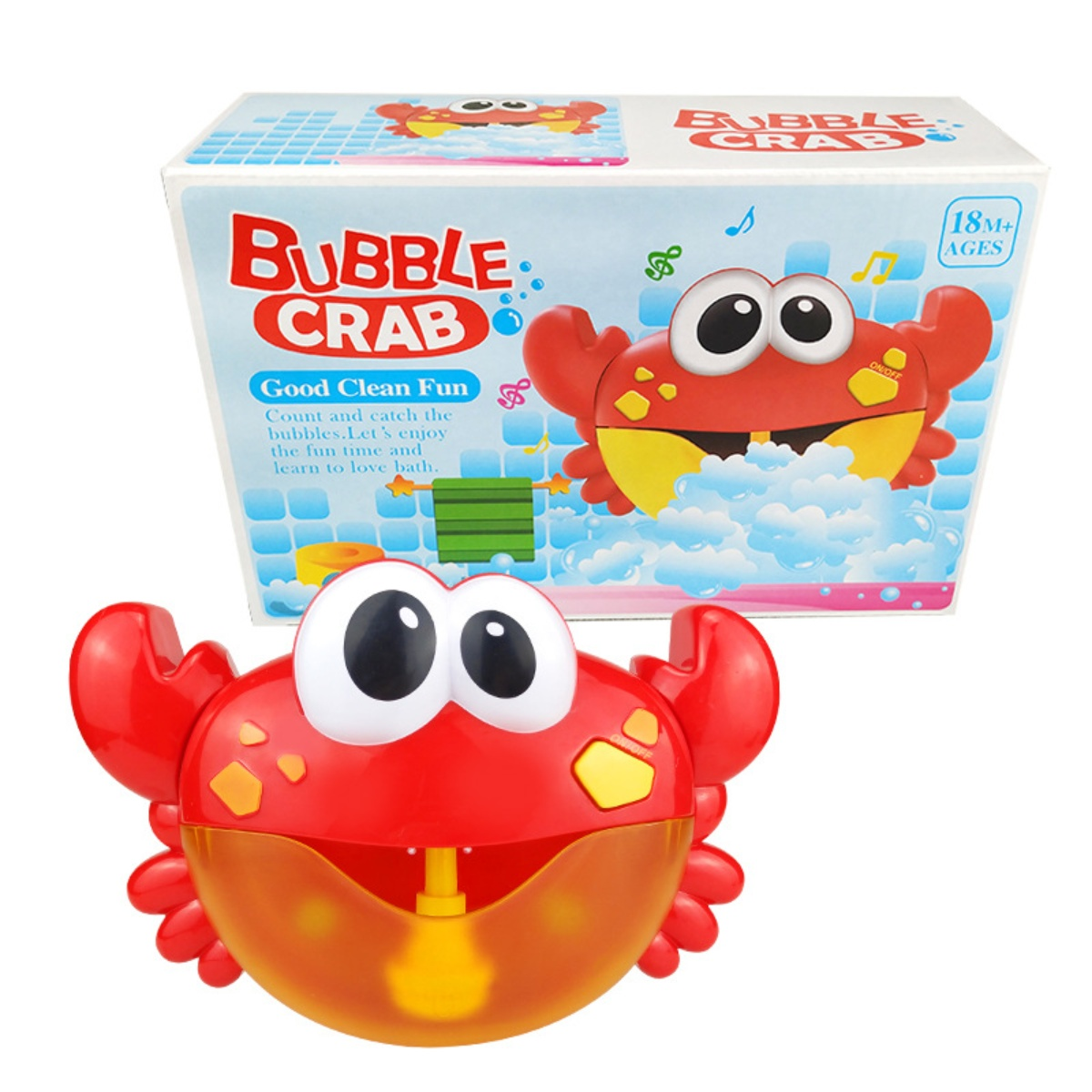 Ein rotes Blasenkrabben-Spielzeug mit großen Augen und einer Schachtel mit der Aufschrift 'Bubble Crab'. Das Spielzeug ist für Kinder ab 18 Monaten geeignet.