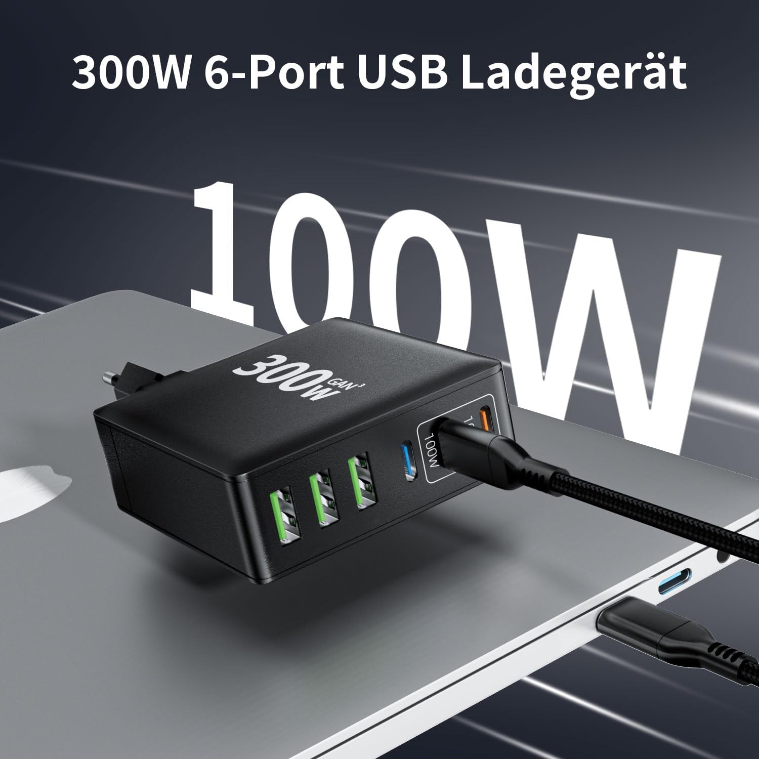 Czarna 6-portowa ładowarka USB z kablem podłączonym do laptopa. Ładowarka wyświetla 300W i 100W na szarym gradientowym tle.
