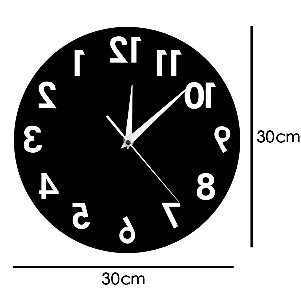 Eine runde, schwarze Uhr mit weißen Zahlen und Zeigern. Die Uhr hat einen Durchmesser von 30 cm. Die Zeiger zeigen auf etwa 10:15 Uhr.