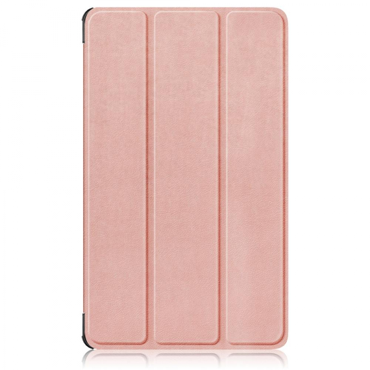 Gezeigt wird eine rosa Tablethülle mit strukturierter Oberfläche und dreiteiligem Design. Schwarze Akzente sind an den Kanten sichtbar.