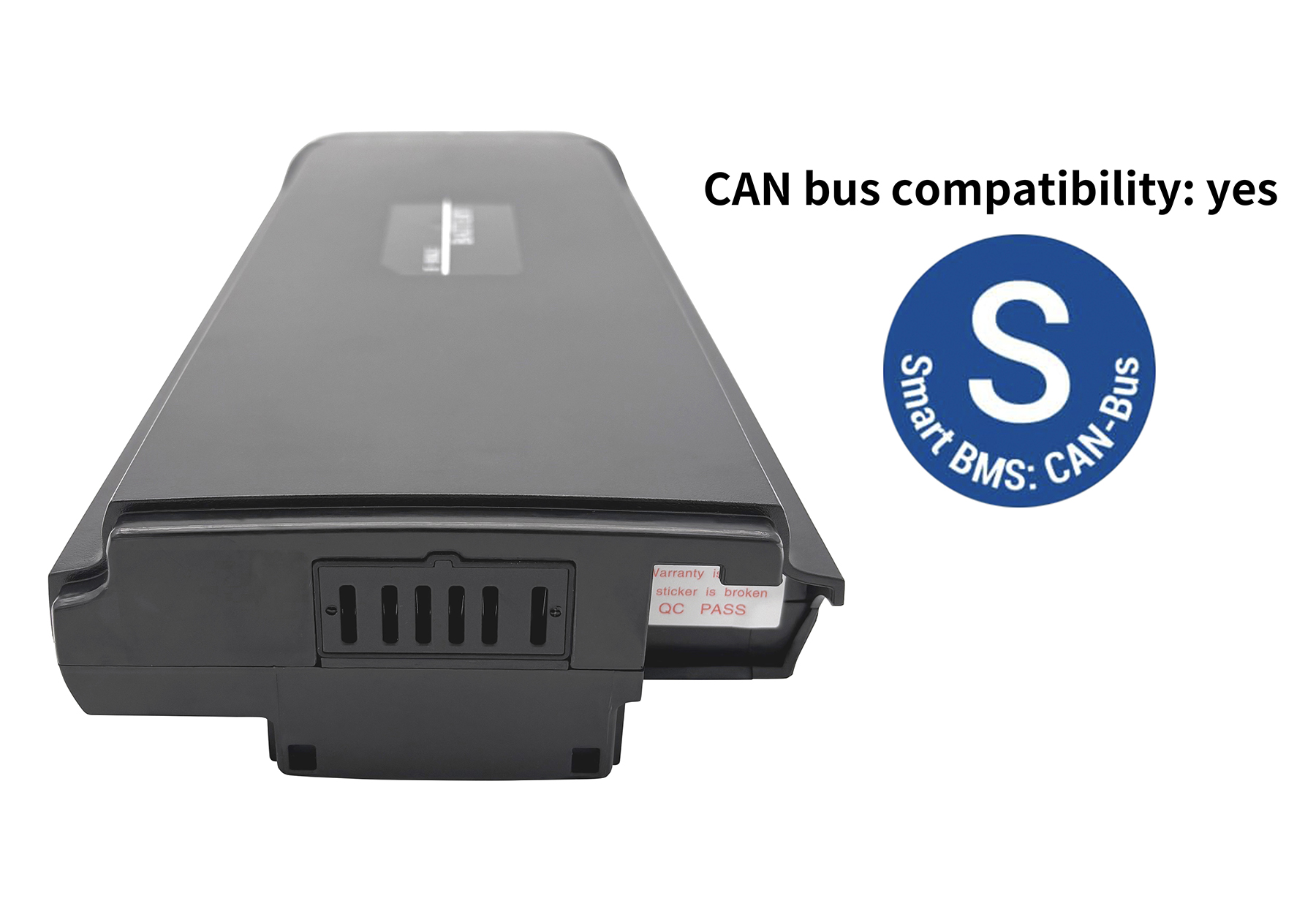 Ein schwarzer rechteckiger Akku mit Etikett und CAN-Bus-Logo auf weißem Hintergrund. Der Text lautet 'CAN Bus Kompatibilität: Ja'.