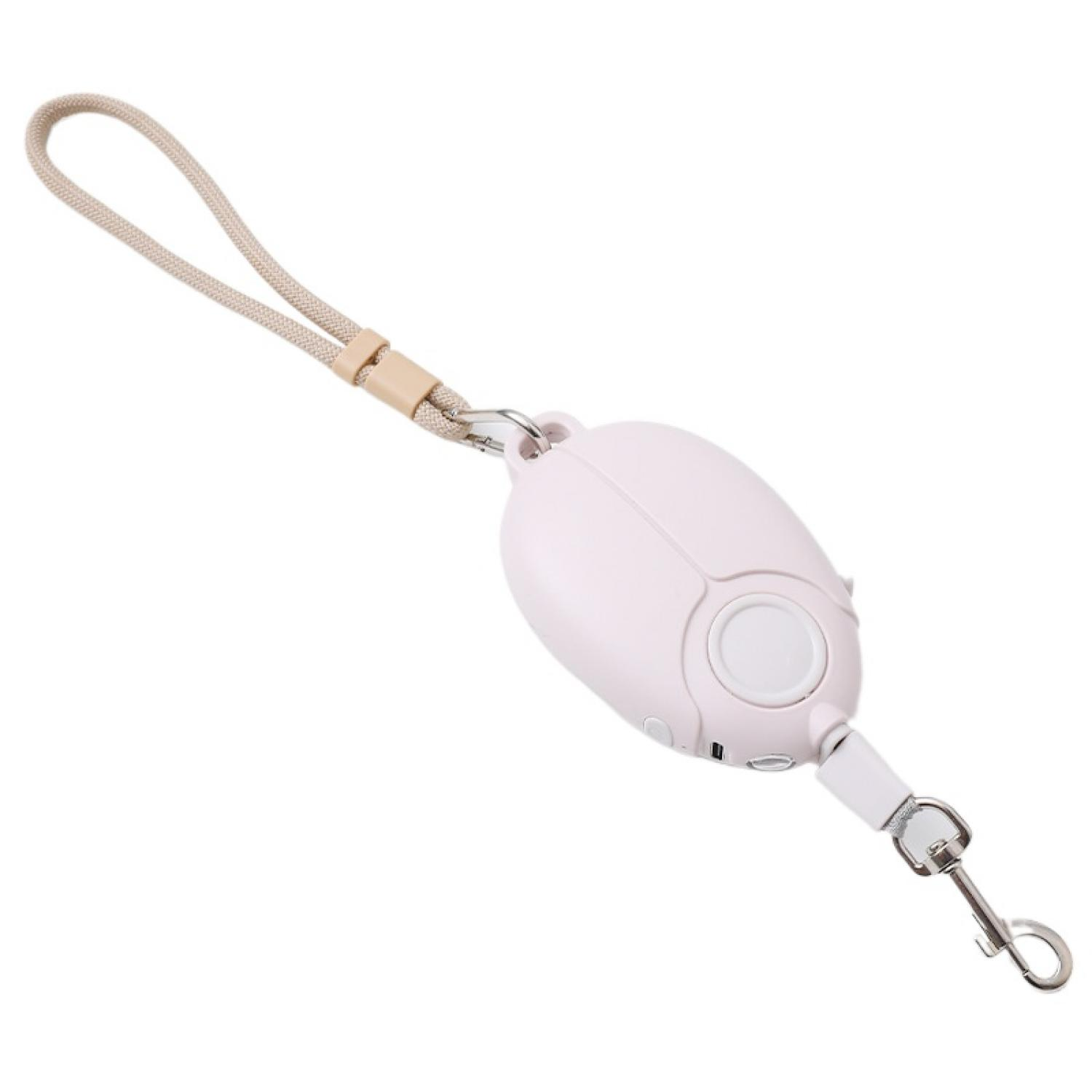 Eine weiße und rosa Haustierleine mit beigem Handgelenkriemen und Metallclip.