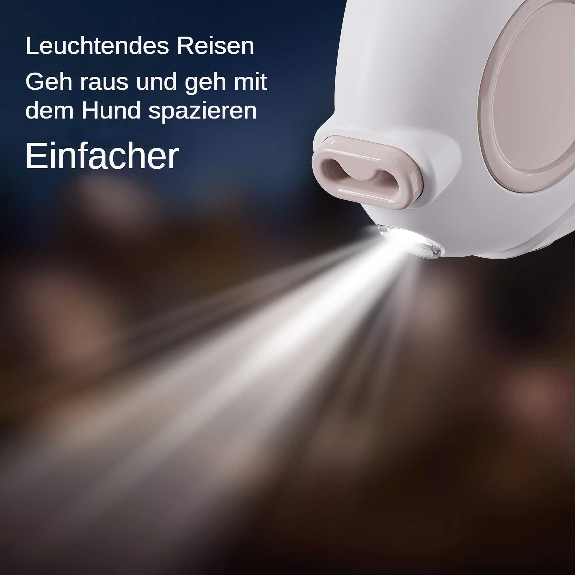 Ein weißes Objekt mit Lichtstrahl. Deutscher Text im Hintergrund. Der Lichtstrahl scheint nach unten.