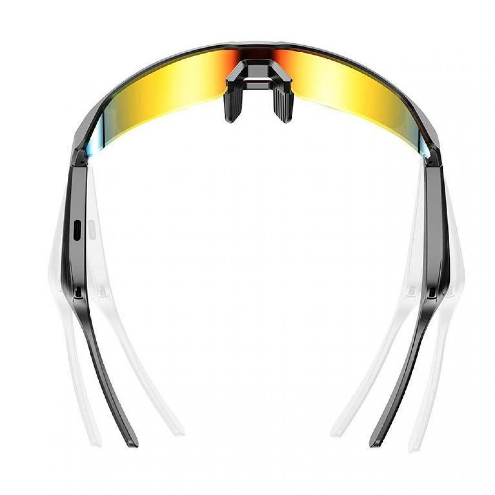 Sportsonnenbrille mit gelb getönten Gläsern und schwarzen Rahmen. Weißer Hintergrund. Eine Nahaufnahme zeigt die Brille.