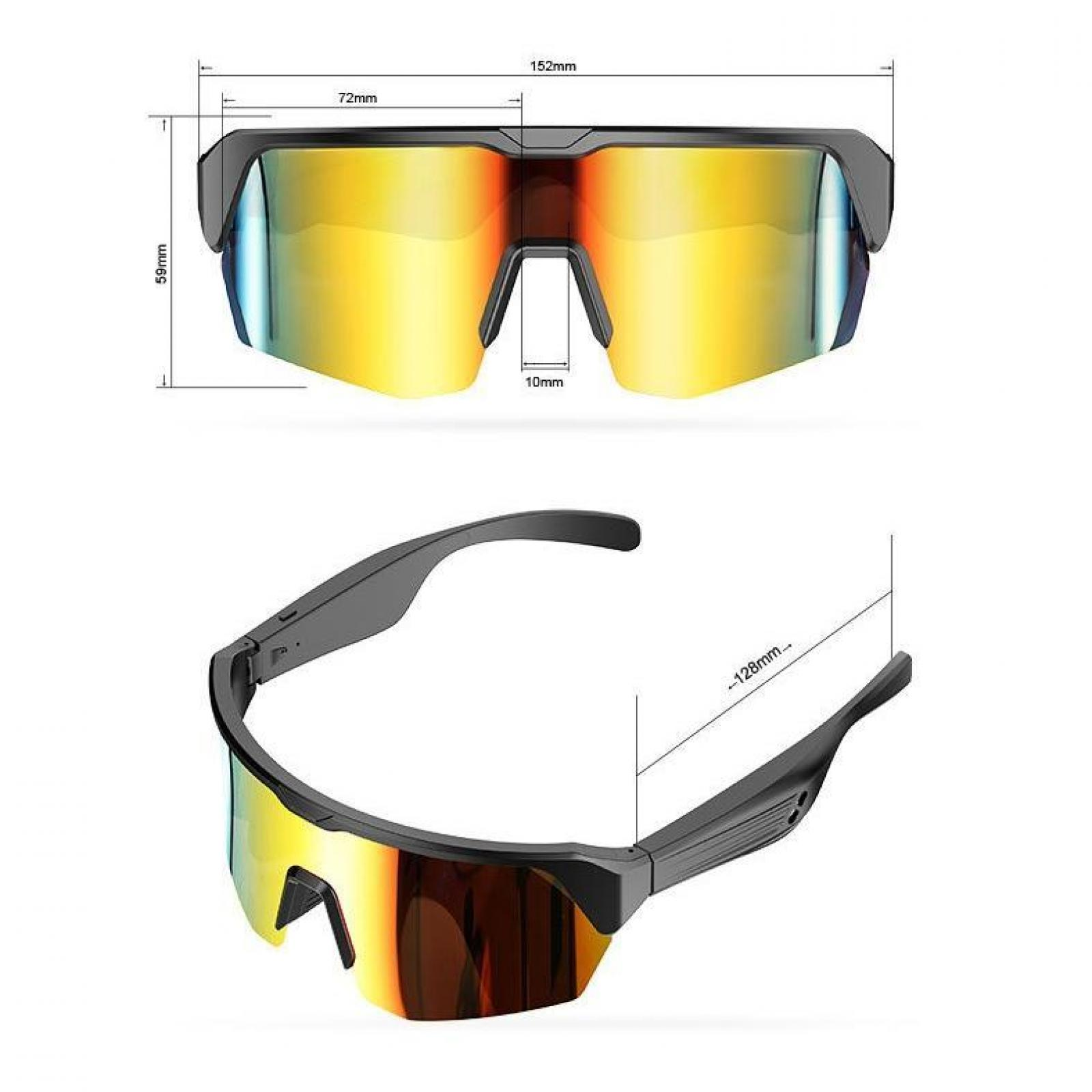 Schwarze Sportsonnenbrille mit gelb-orangen Gläsern. Abmessungen sind beschriftet. Draufsicht und Seitenansicht sind dargestellt.