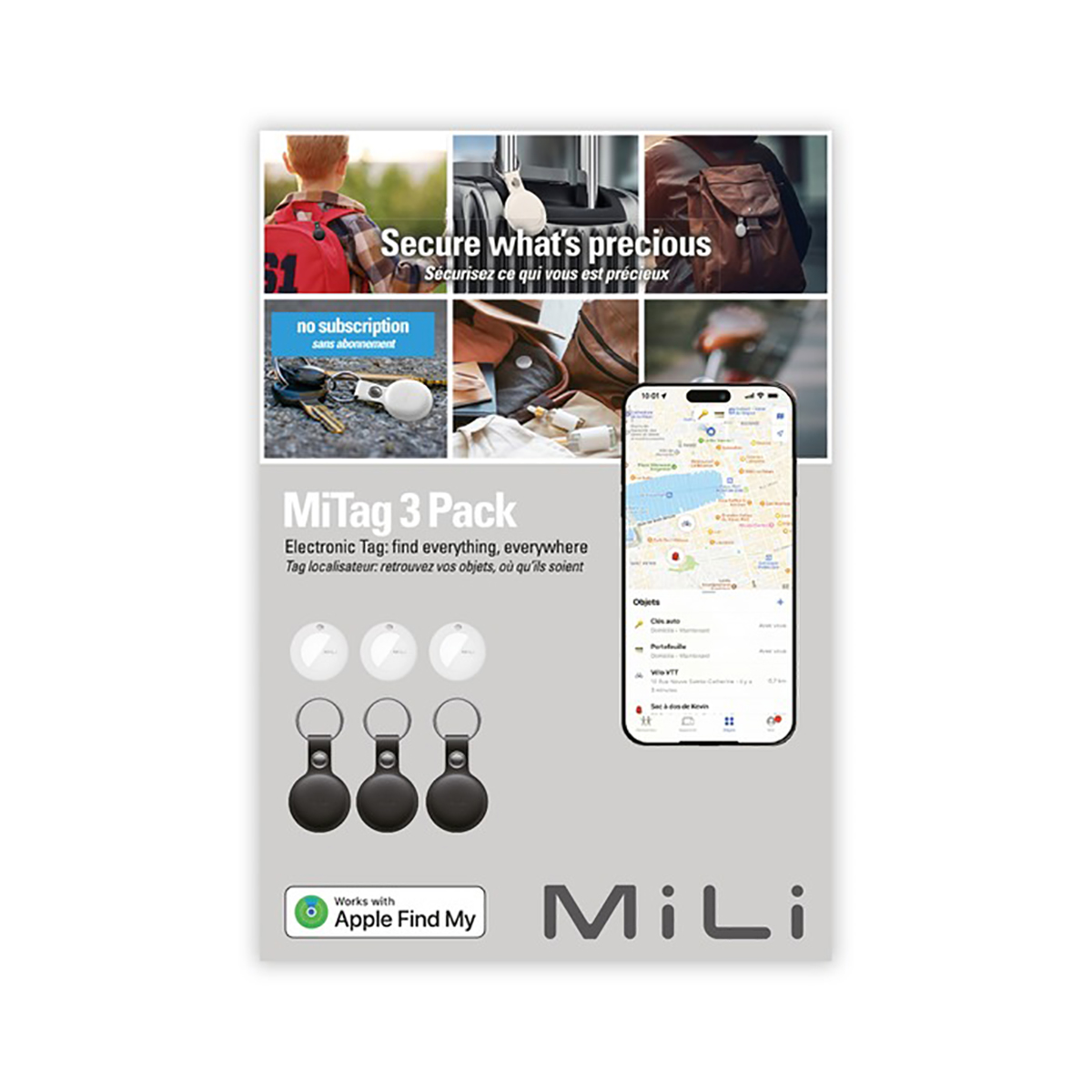 Annuncio MiTag 3 Pack. Presenta un ragazzo, bagagli, zaino, chiavi, tag e un telefono con mappa. Testo promuove il tracciamento oggetti.