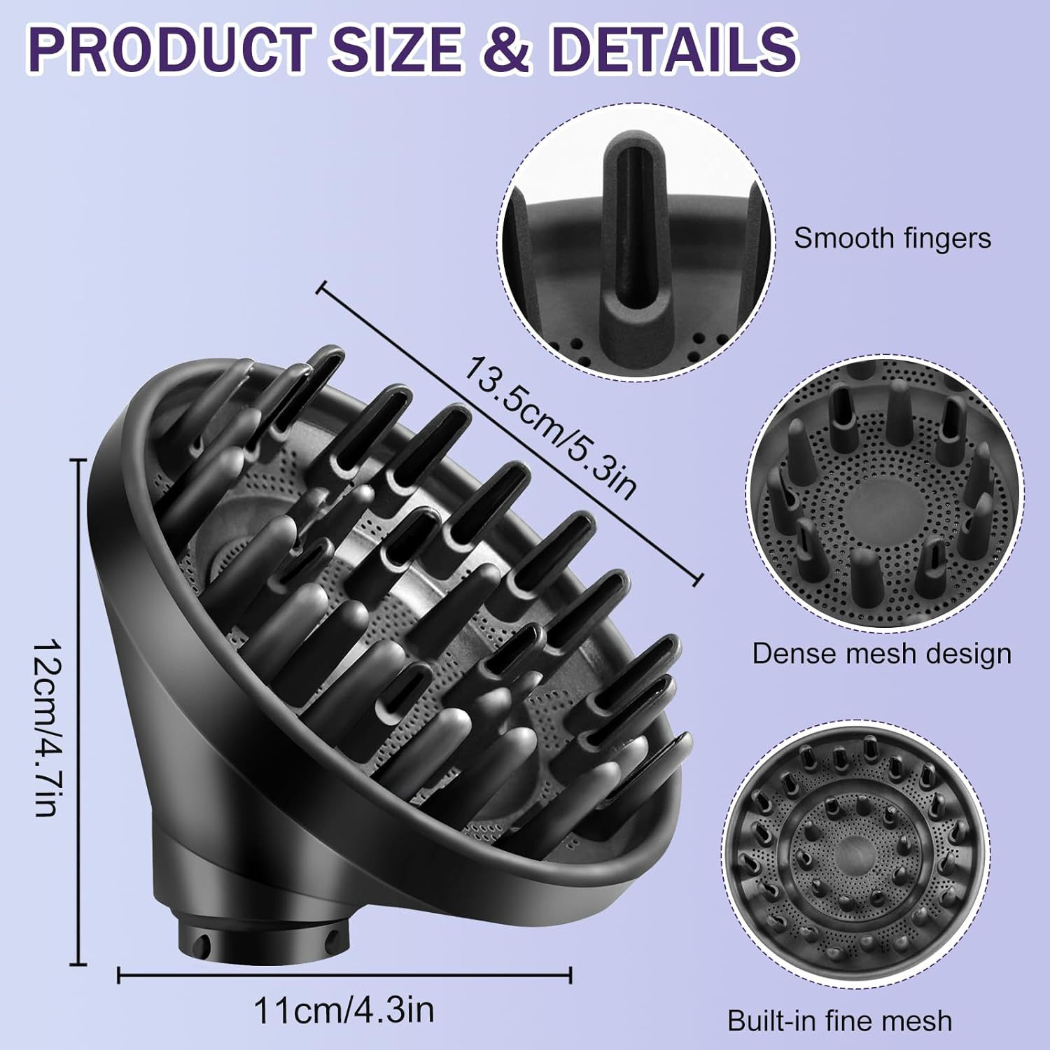 Schwarzer Haartrockneraufsatz mit Größenangaben. Details umfassen glatte Finger, dichtes Mesh-Design und eingebautes feines Mesh.