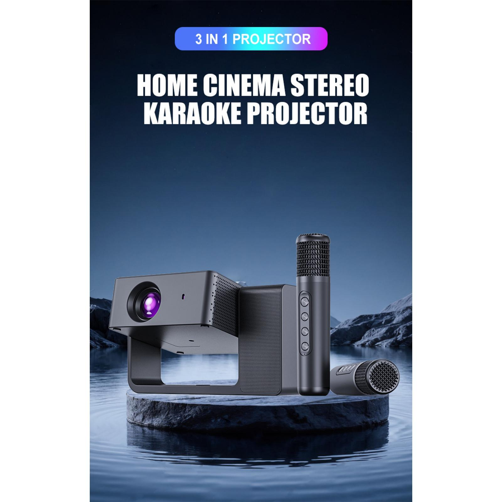 Ein Projektor mit zwei Mikrofonen auf einem Stein im Wasser. Text lautet 'Home Cinema Stereo Karaoke Projektor'.