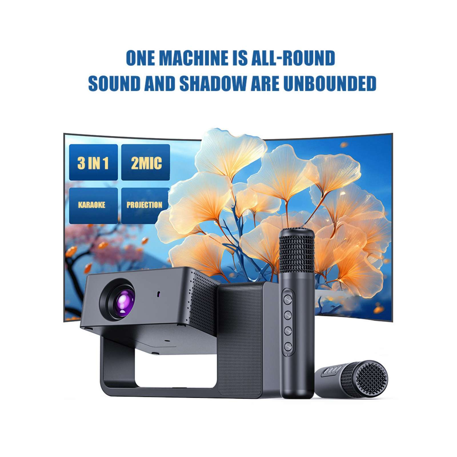 Das Bild zeigt einen Projektor, Mikrofone und einen Bildschirm mit Text. Der Text hebt Funktionen wie Karaoke und Projektion hervor.