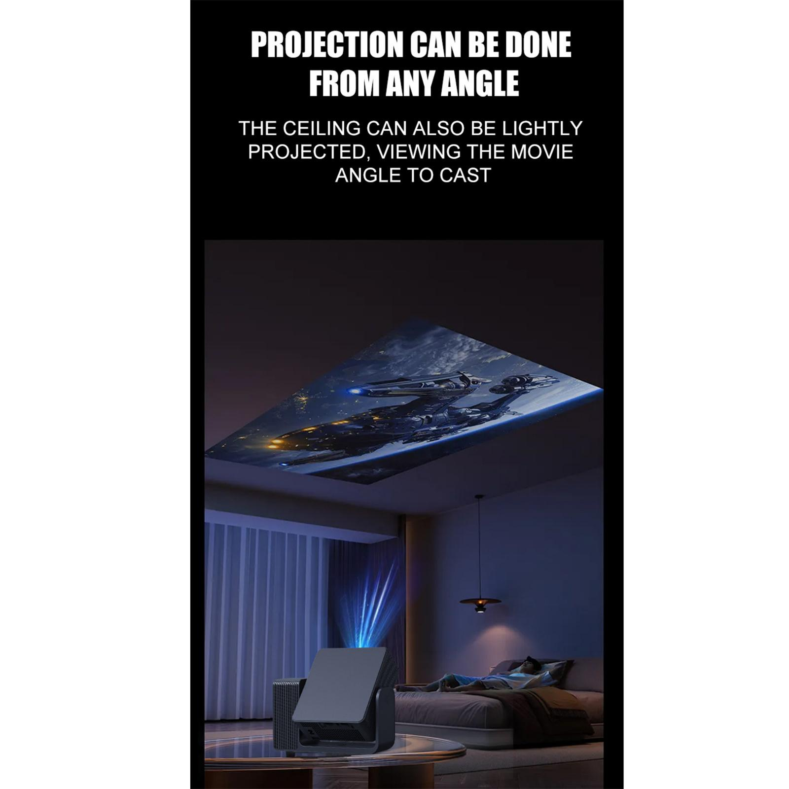 Ein Projektor zeigt eine Weltraumszene an der Decke. Eine Person liegt auf einem Bett. Der Text lautet 'Projektion kann erfolgen'.