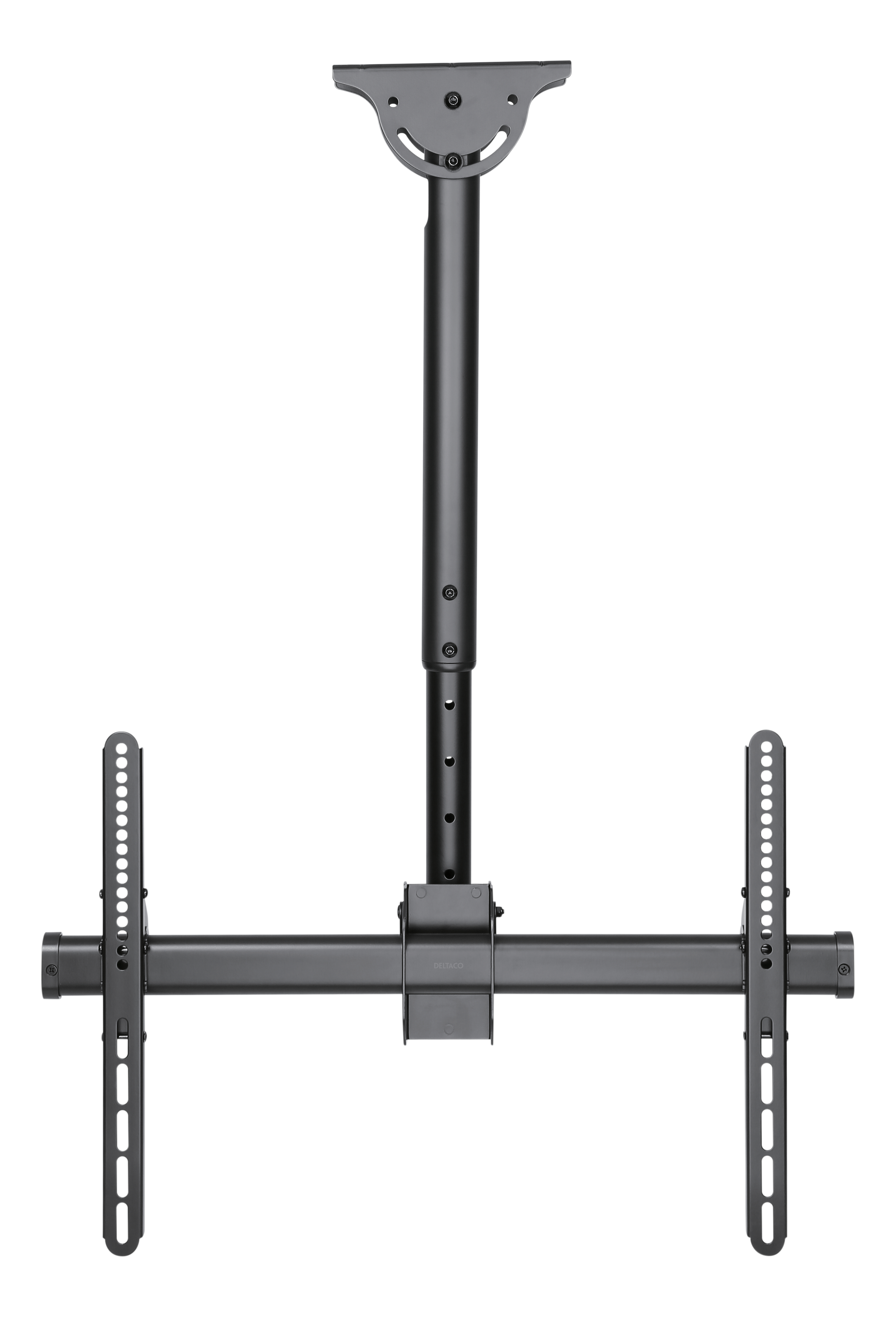 Een zwarte plafondbeugel voor een tv. Het heeft een verstelbare paal en beugels.