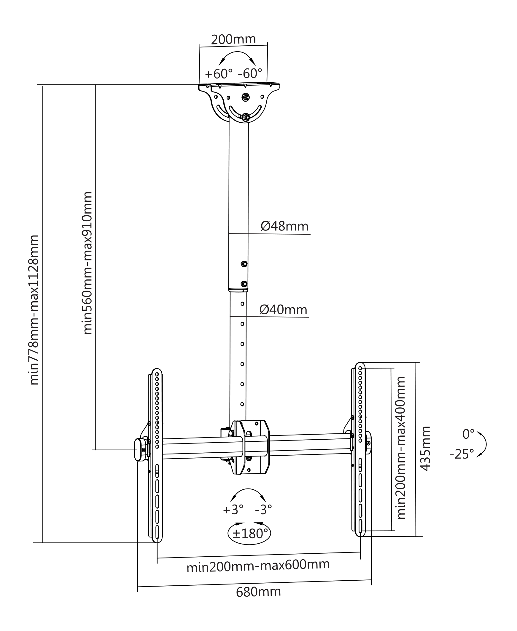 Diagram van een plafond-tv-beugel. Het toont afmetingen, hoeken en instelbereiken met zwarte labels.