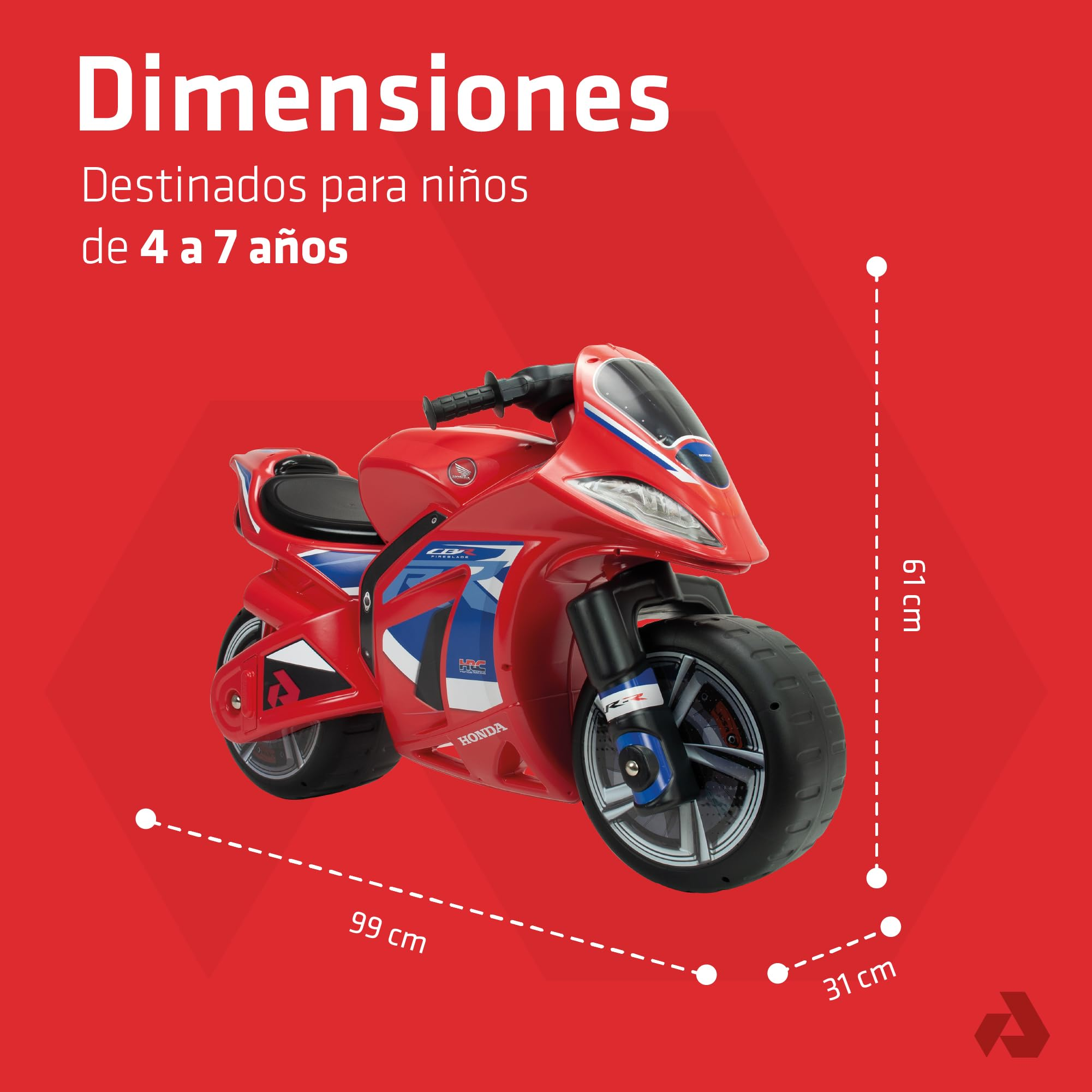 Una moto de juguete roja con detalles azules y blancos. Dimensiones: 99 cm de largo, 61 cm de alto y 31 cm de ancho.