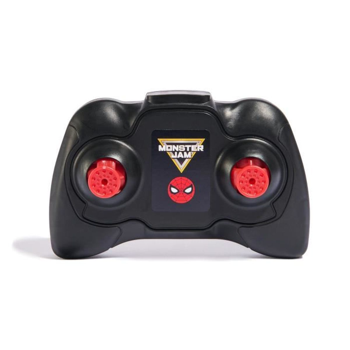 Control remoto negro con botones rojos. Cuenta con el logotipo de Spider-Man y la marca Monster Jam. Sobre fondo blanco.